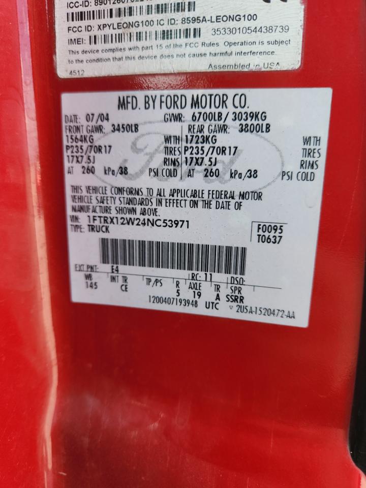 2004 Ford F150 Red vin: 1FTRX12W24NC53971
