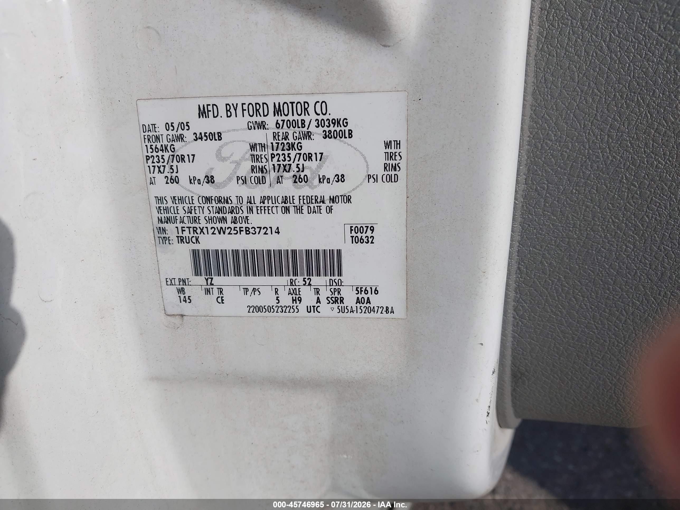 2005 Ford F-150 Stx/xl/xlt White vin: 1FTRX12W25FB37214