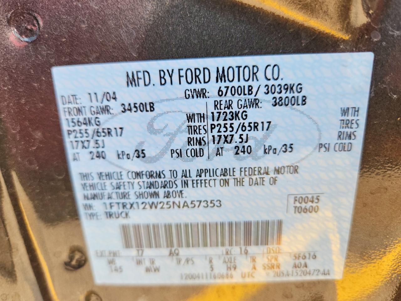 2005 Ford F150 Gray vin: 1FTRX12W25NA57353