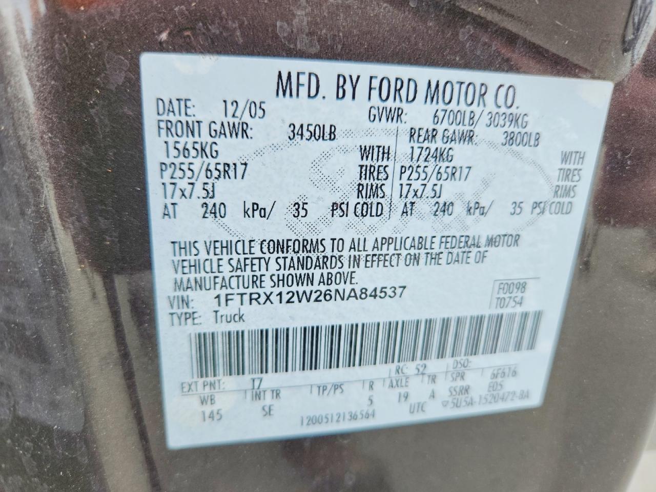 2006 Ford F150 Black vin: 1FTRX12W26NA84537