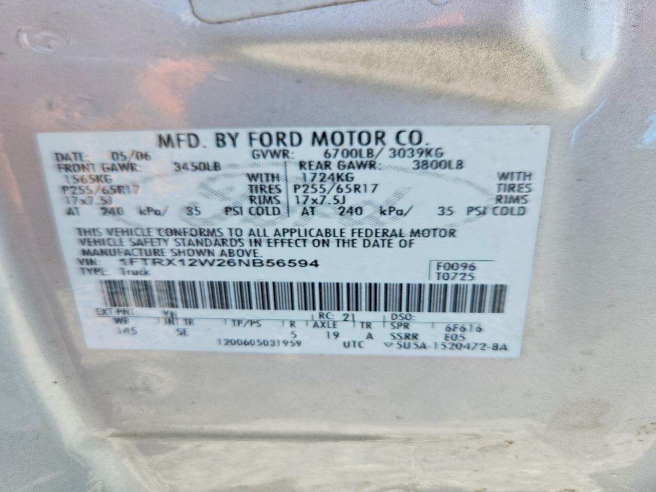 2006 Ford F150 Silver vin: 1FTRX12W26NB56594