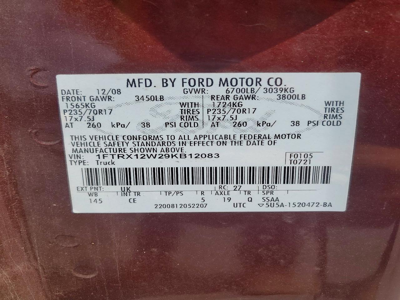2009 Ford F150 Super Cab Maroon vin: 1FTRX12W29KB12083