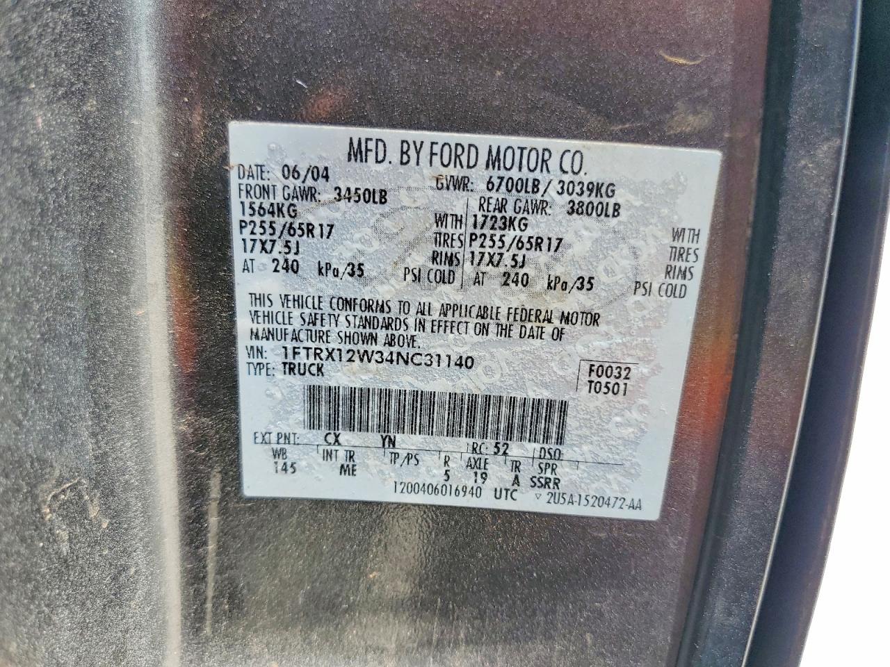 2004 Ford F-150 Gray vin: 1FTRX12W34NC31140
