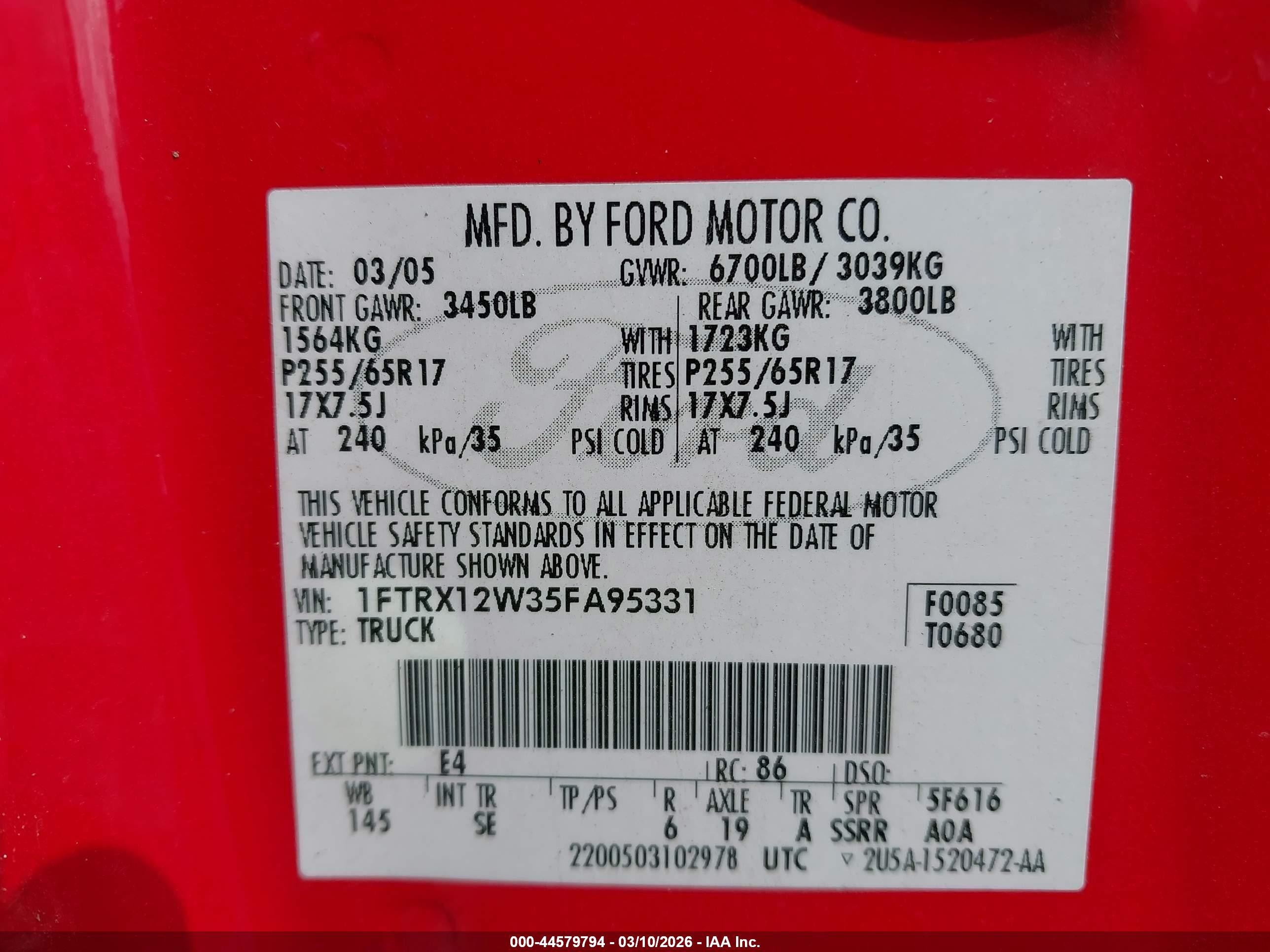 2005 Ford F-150 Stx/xl/xlt Red vin: 1FTRX12W35FA95331