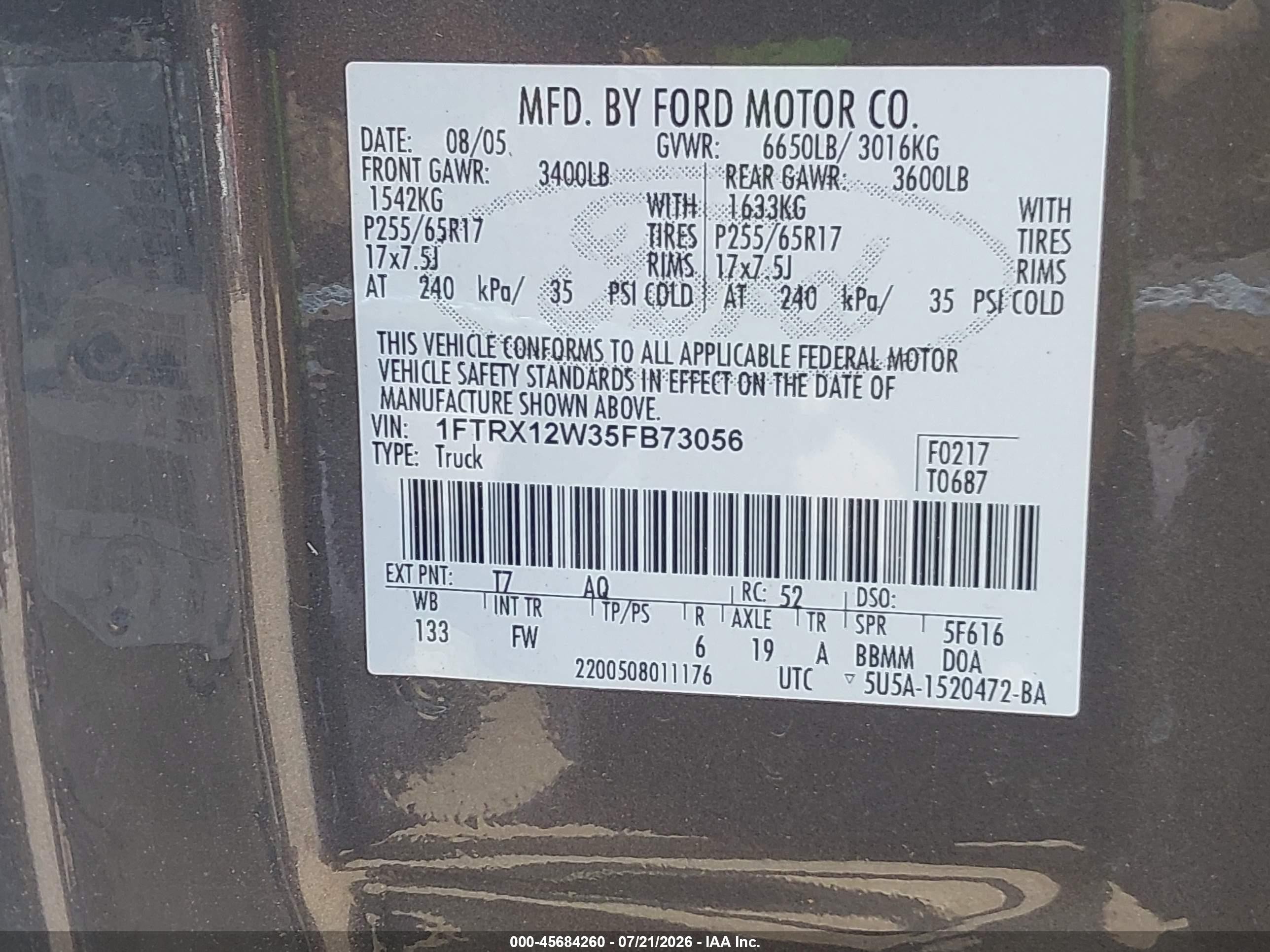 2005 Ford F-150 Stx/xl/xlt Gray vin: 1FTRX12W35FB73056