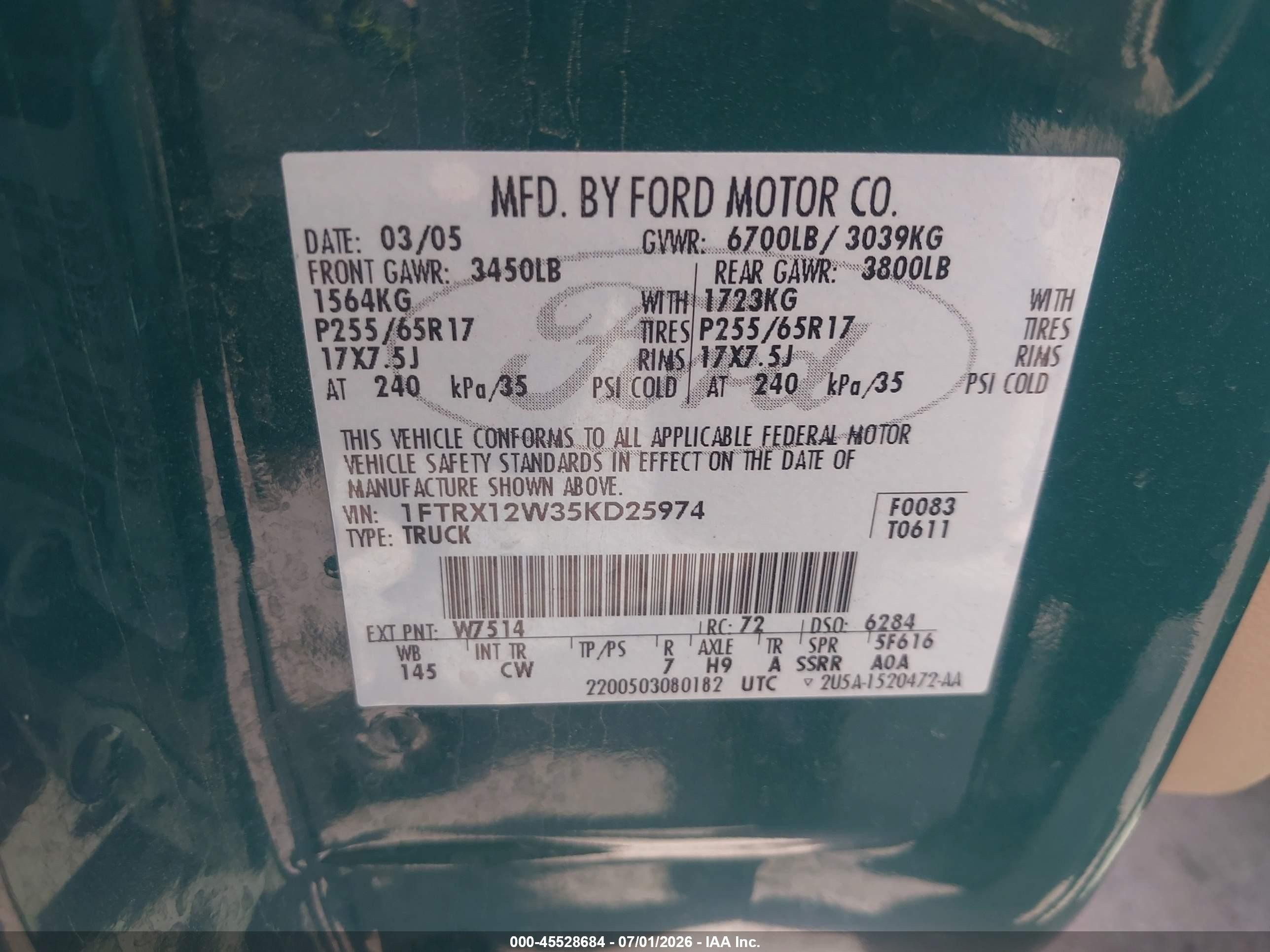 2005 Ford F-150 Stx/xl/xlt Green vin: 1FTRX12W35KD25974