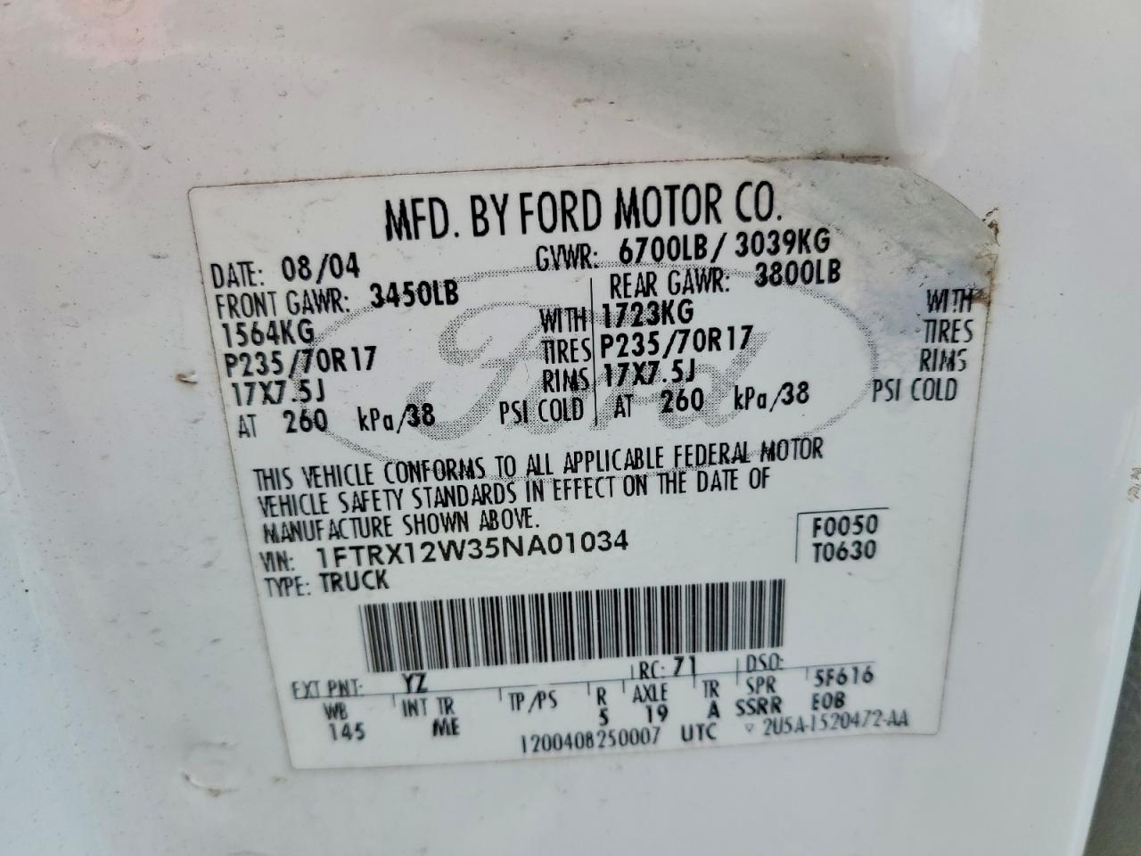 2005 Ford F150 White vin: 1FTRX12W35NA01034