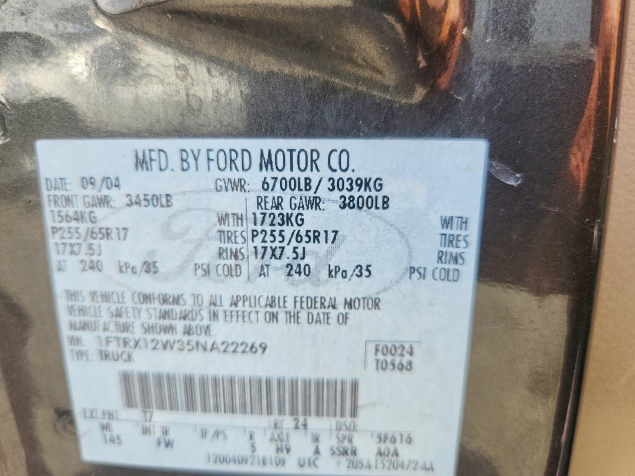 2005 Ford F150 Коричневый vin: 1FTRX12W35NA22269