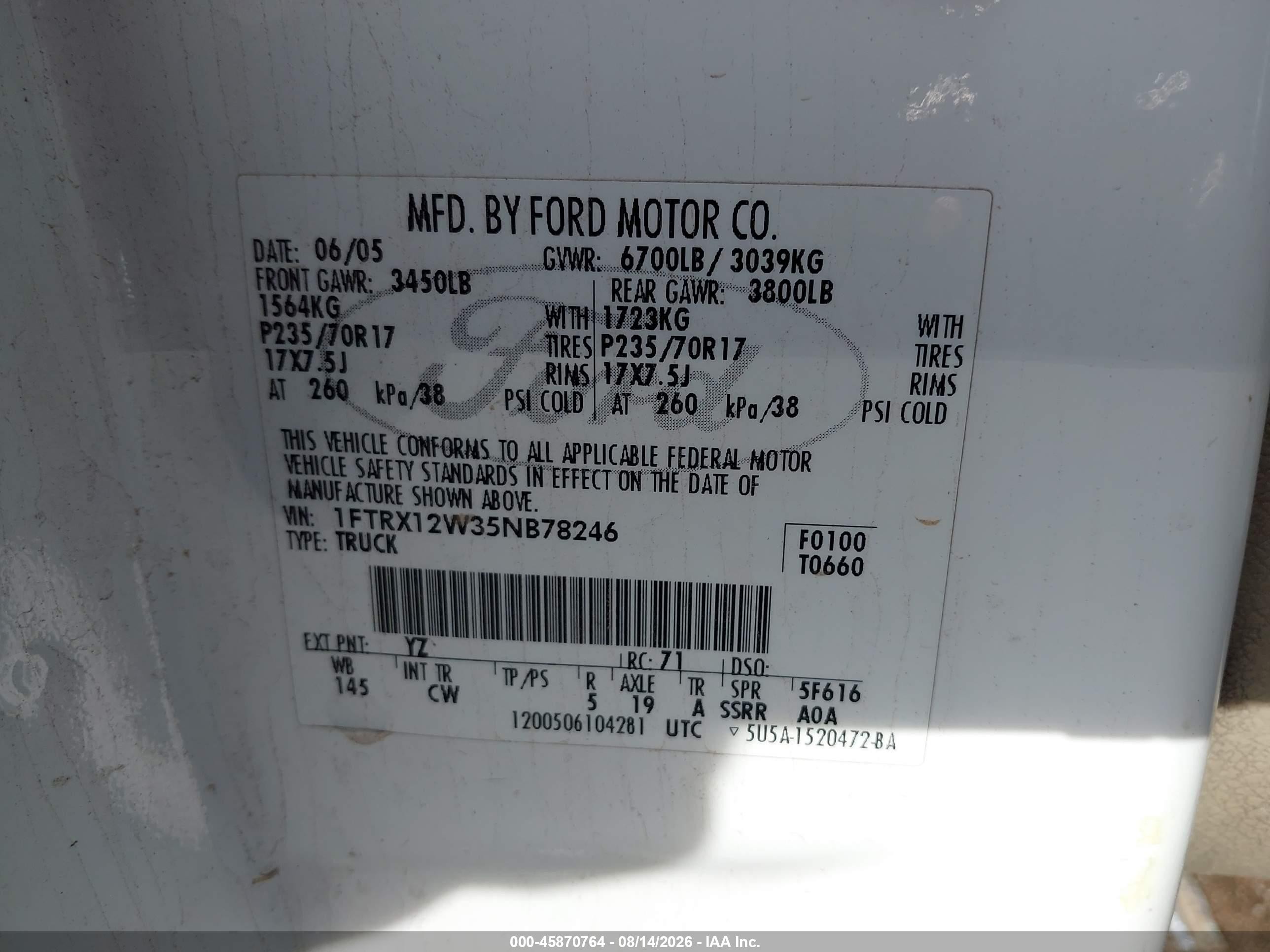 2005 Ford F-150 Stx/xl/xlt White vin: 1FTRX12W35NB78246