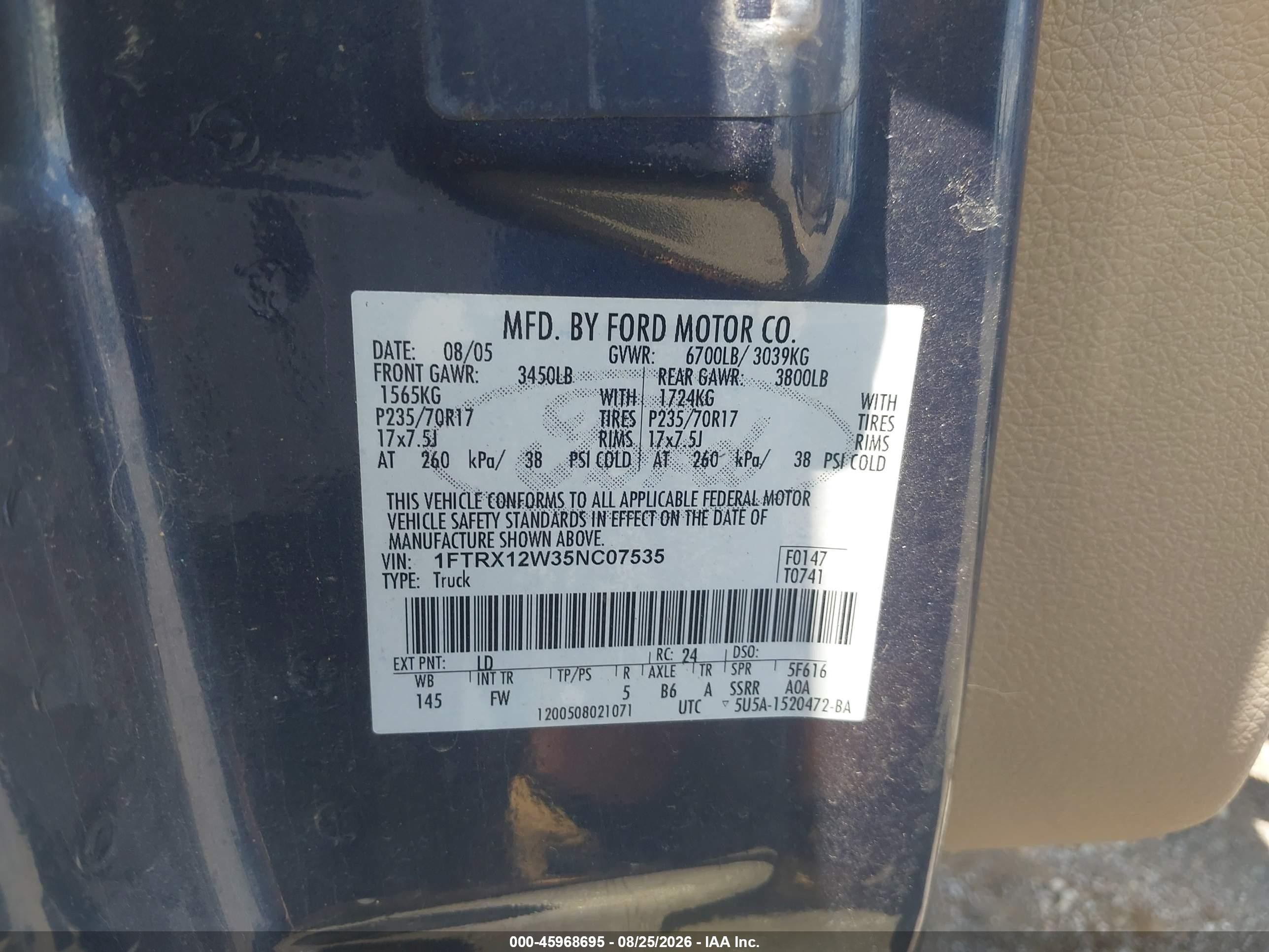 2005 Ford F-150 Stx/xl/xlt Синий vin: 1FTRX12W35NC07535