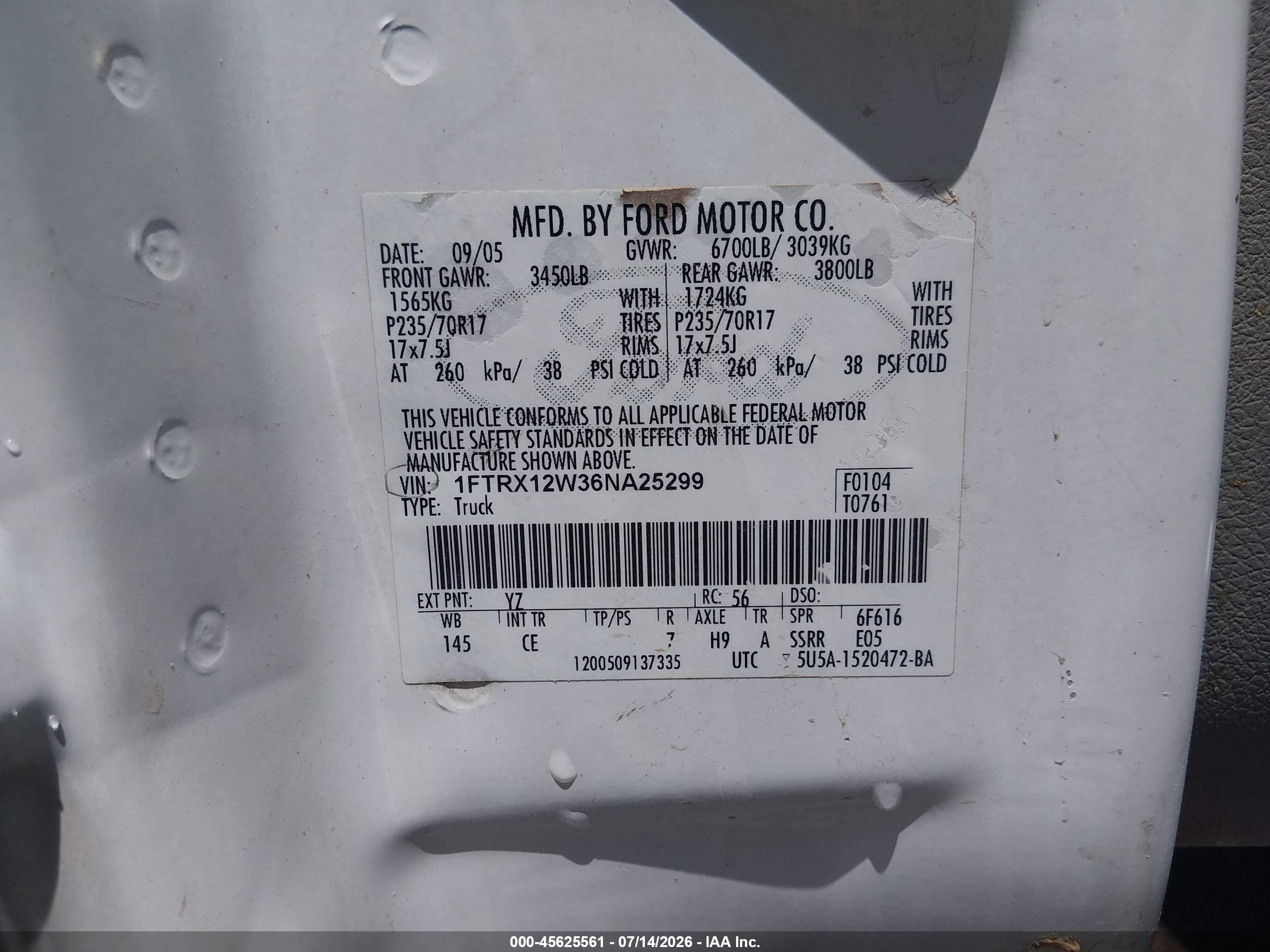 2006 Ford F-150 Stx/xl/xlt White vin: 1FTRX12W36NA25299