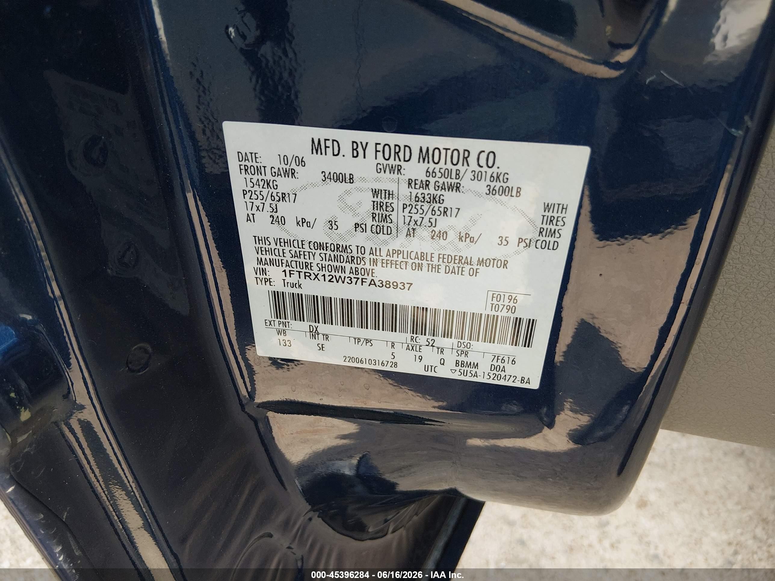 2007 Ford F-150 Stx/xl/xlt Blue vin: 1FTRX12W37FA38937
