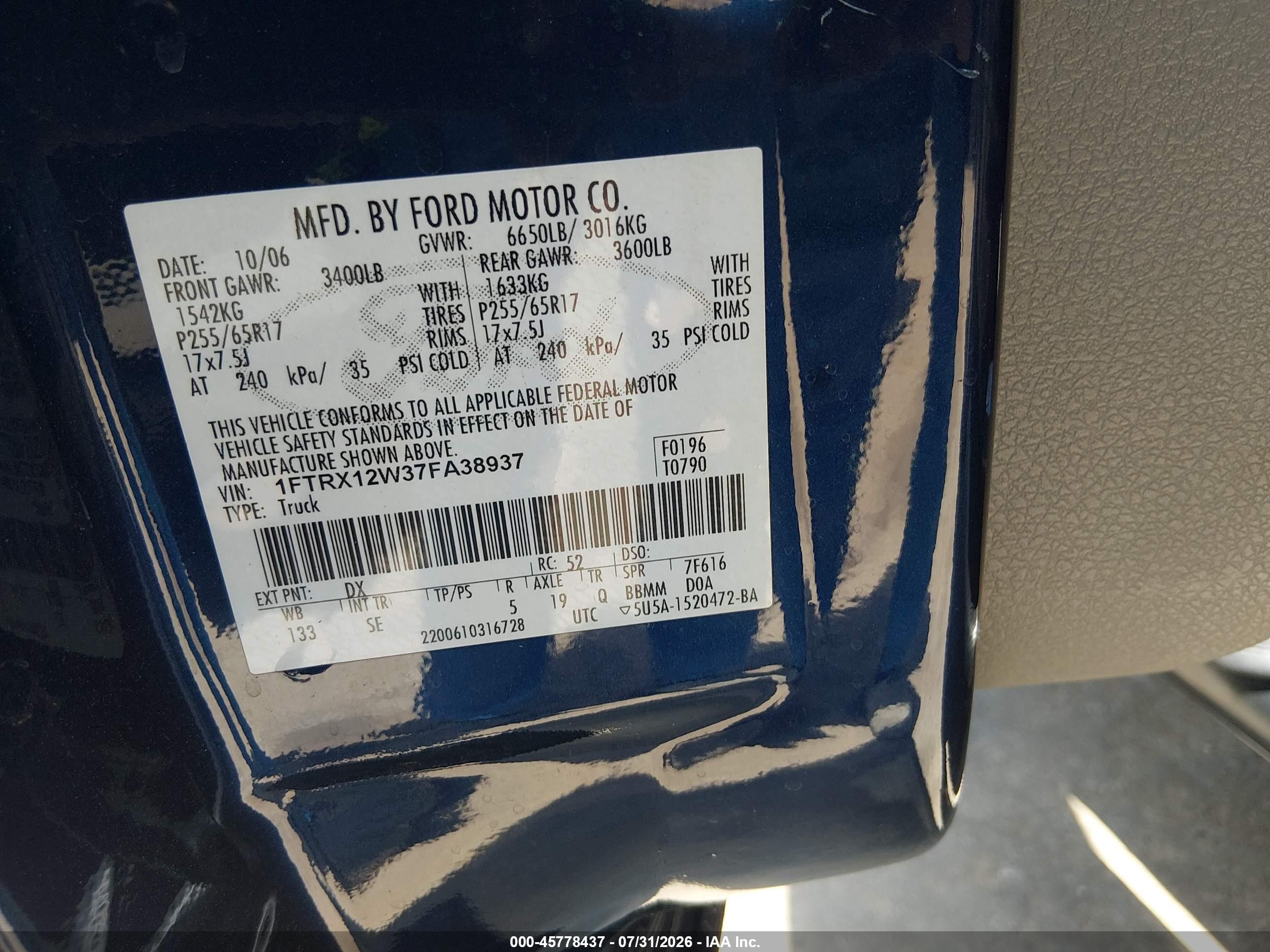 2007 Ford F-150 Stx/xl/xlt Navy vin: 1FTRX12W37FA38937