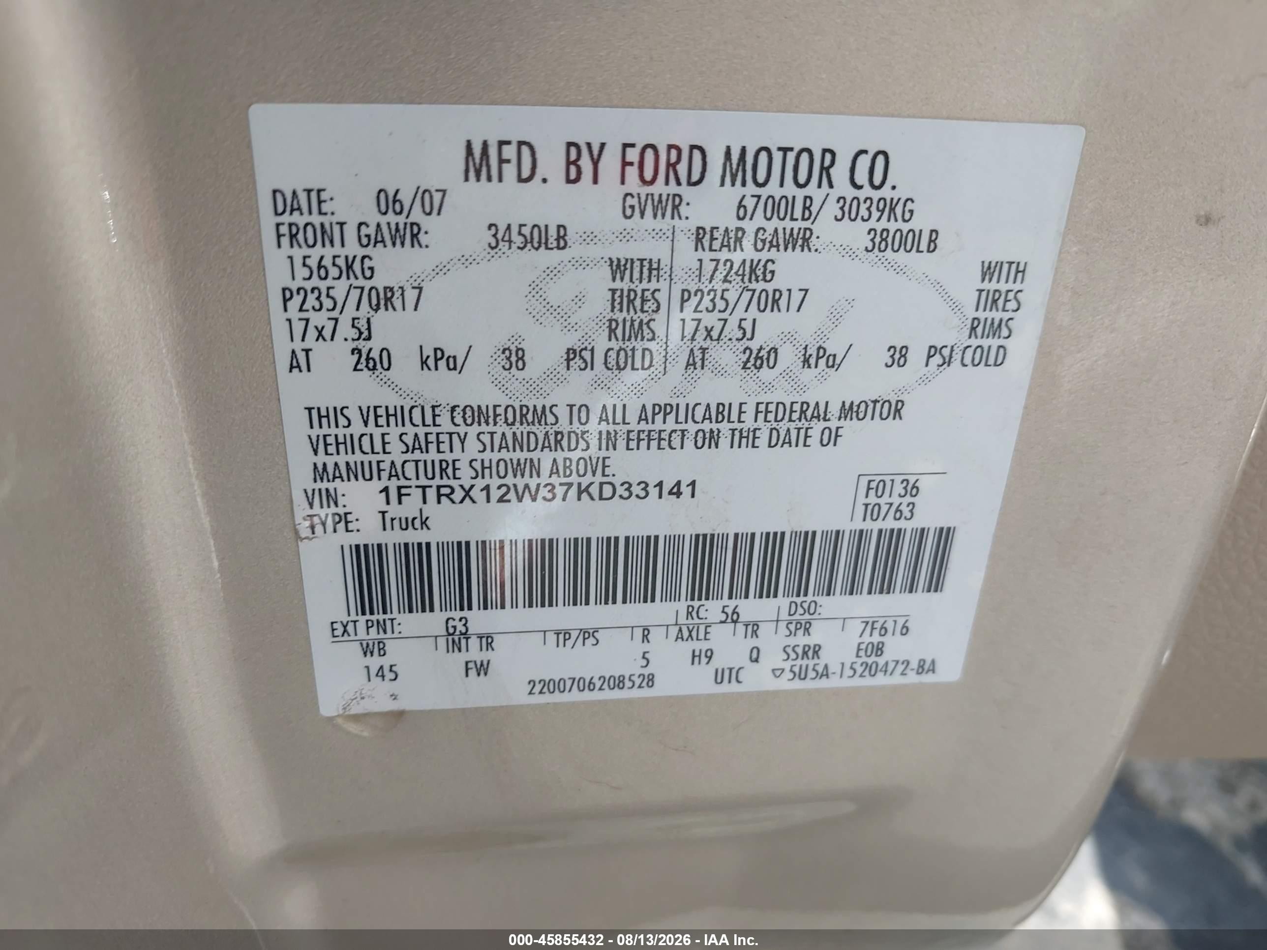 2007 Ford F-150 Stx/xl/xlt Tan vin: 1FTRX12W37KD33141