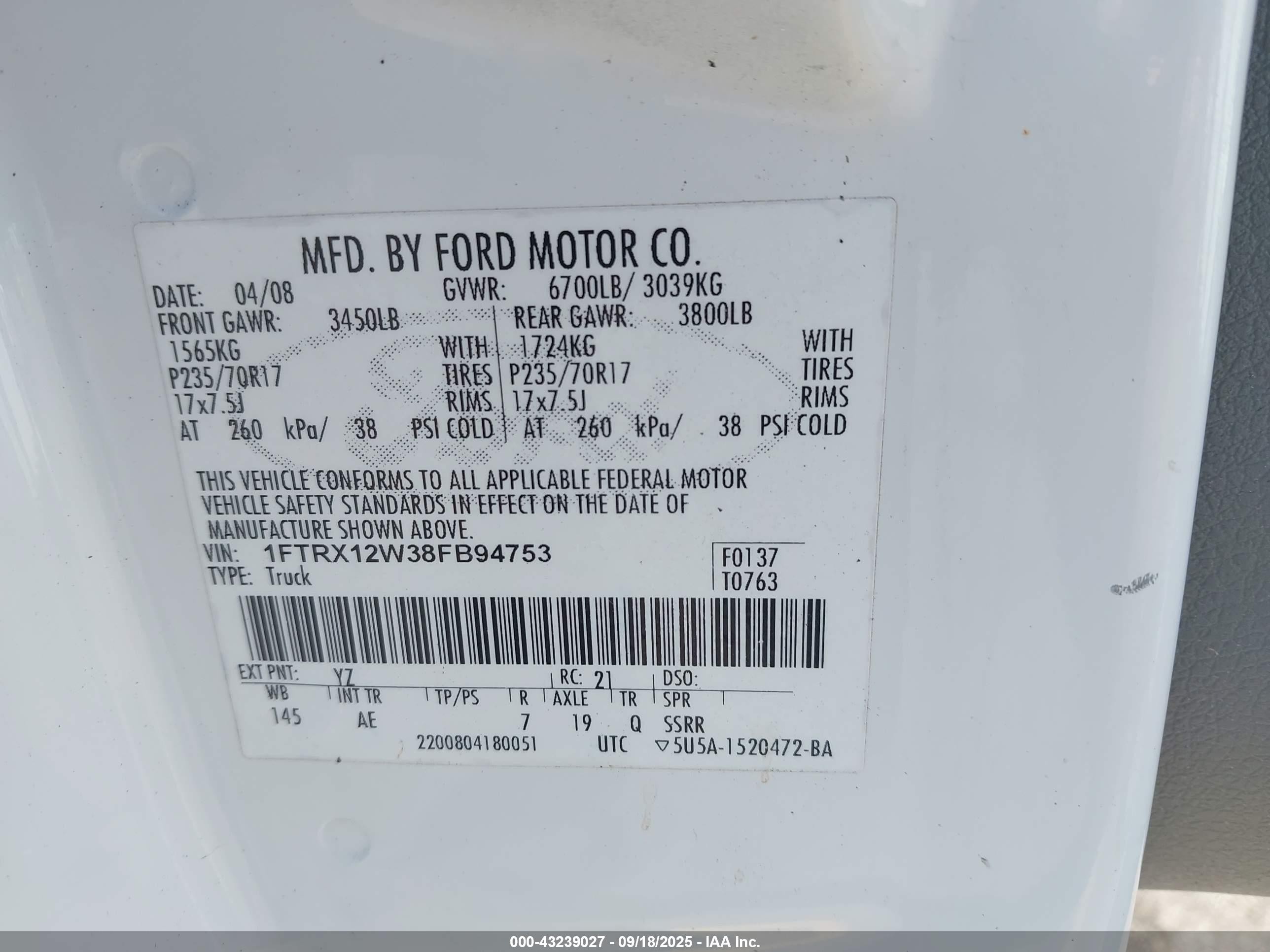 2008 Ford F-150 Fx2/stx/xl/xlt White vin: 1FTRX12W38FB94753