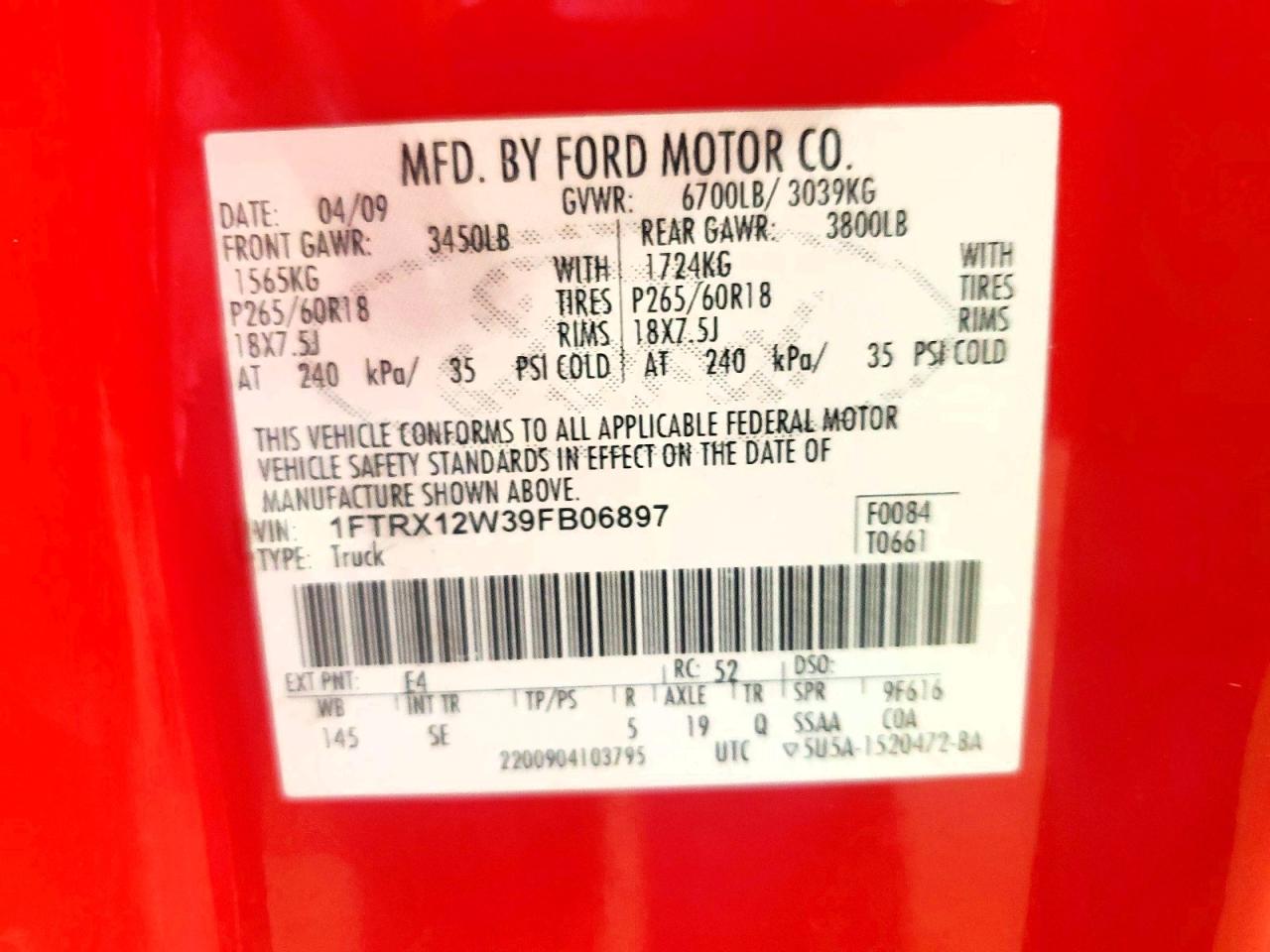 2009 Ford F150 Super Cab Red vin: 1FTRX12W39FB06897