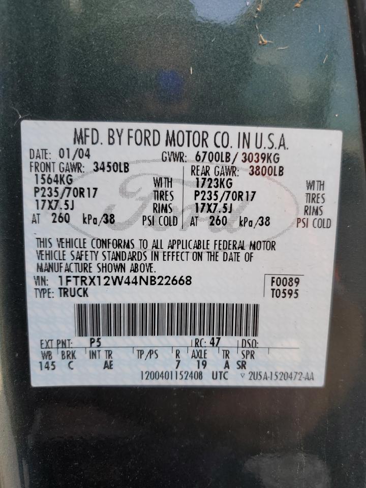 2004 Ford F-150 Green vin: 1FTRX12W44NB22668