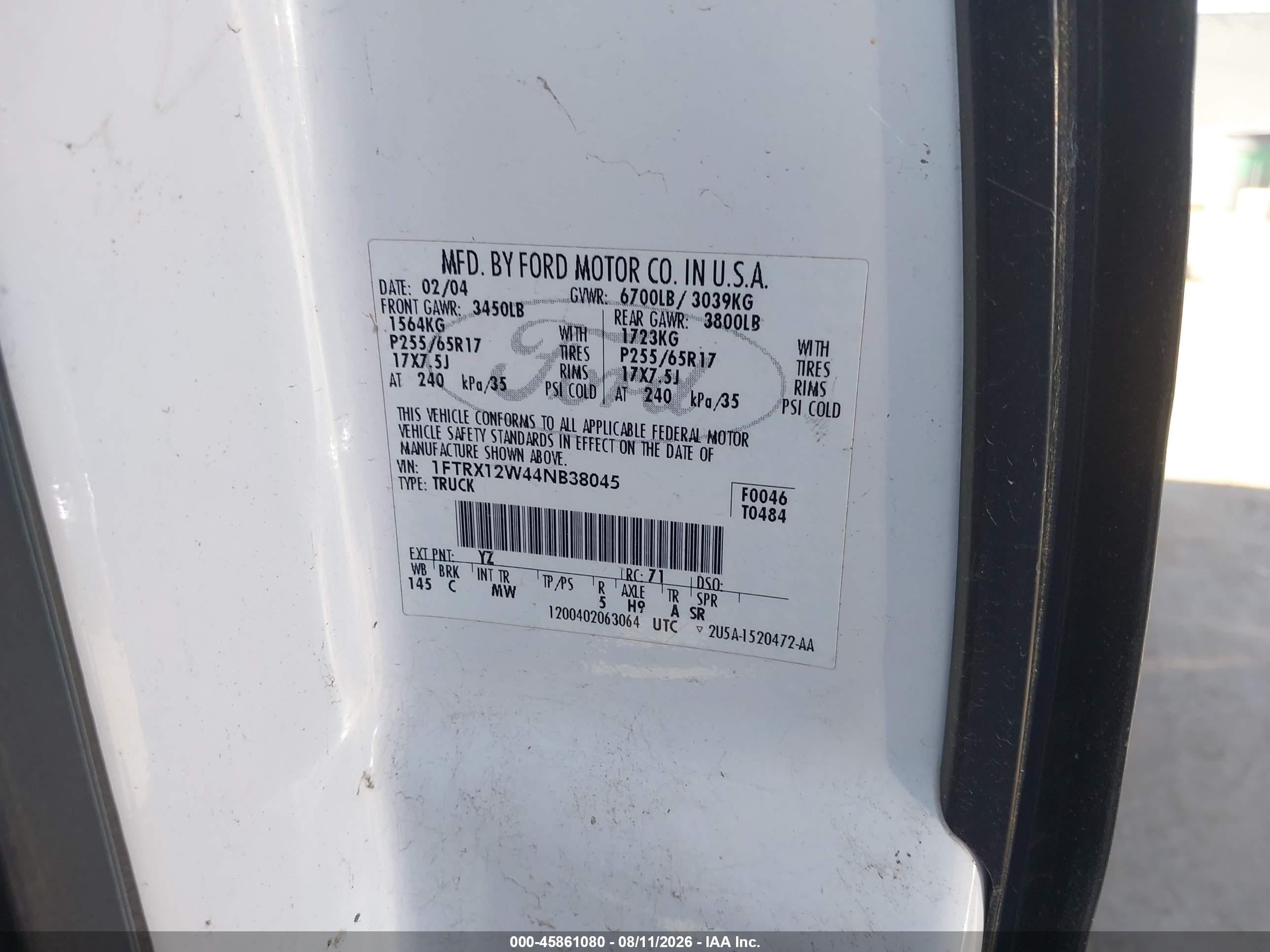 2004 Ford F-150 Stx/xl/xlt White vin: 1FTRX12W44NB38045