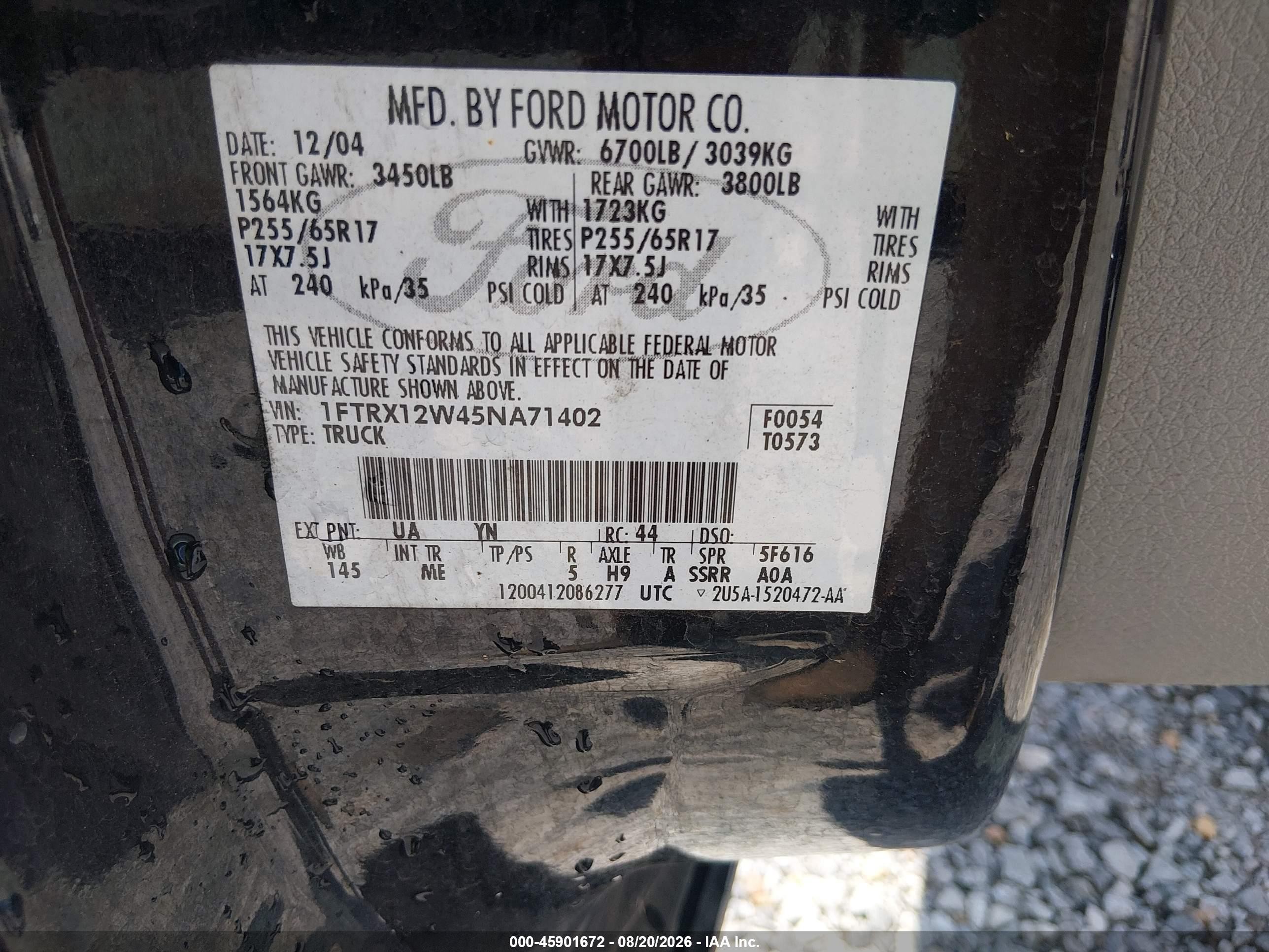 2005 Ford F-150 Stx/xl/xlt Black vin: 1FTRX12W45NA71402
