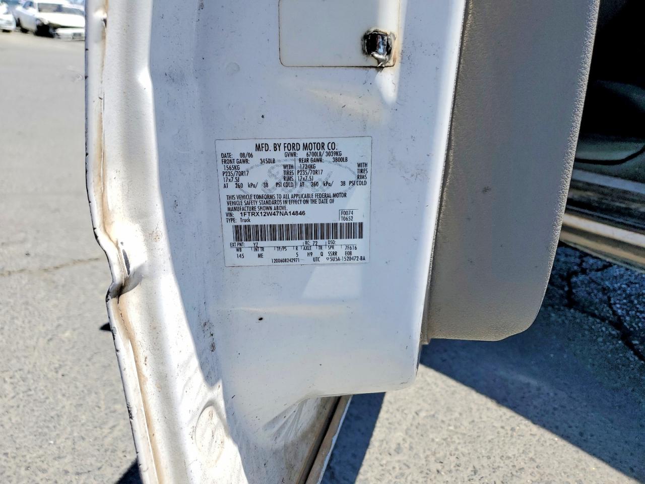 2007 Ford F150 White vin: 1FTRX12W47NA14846