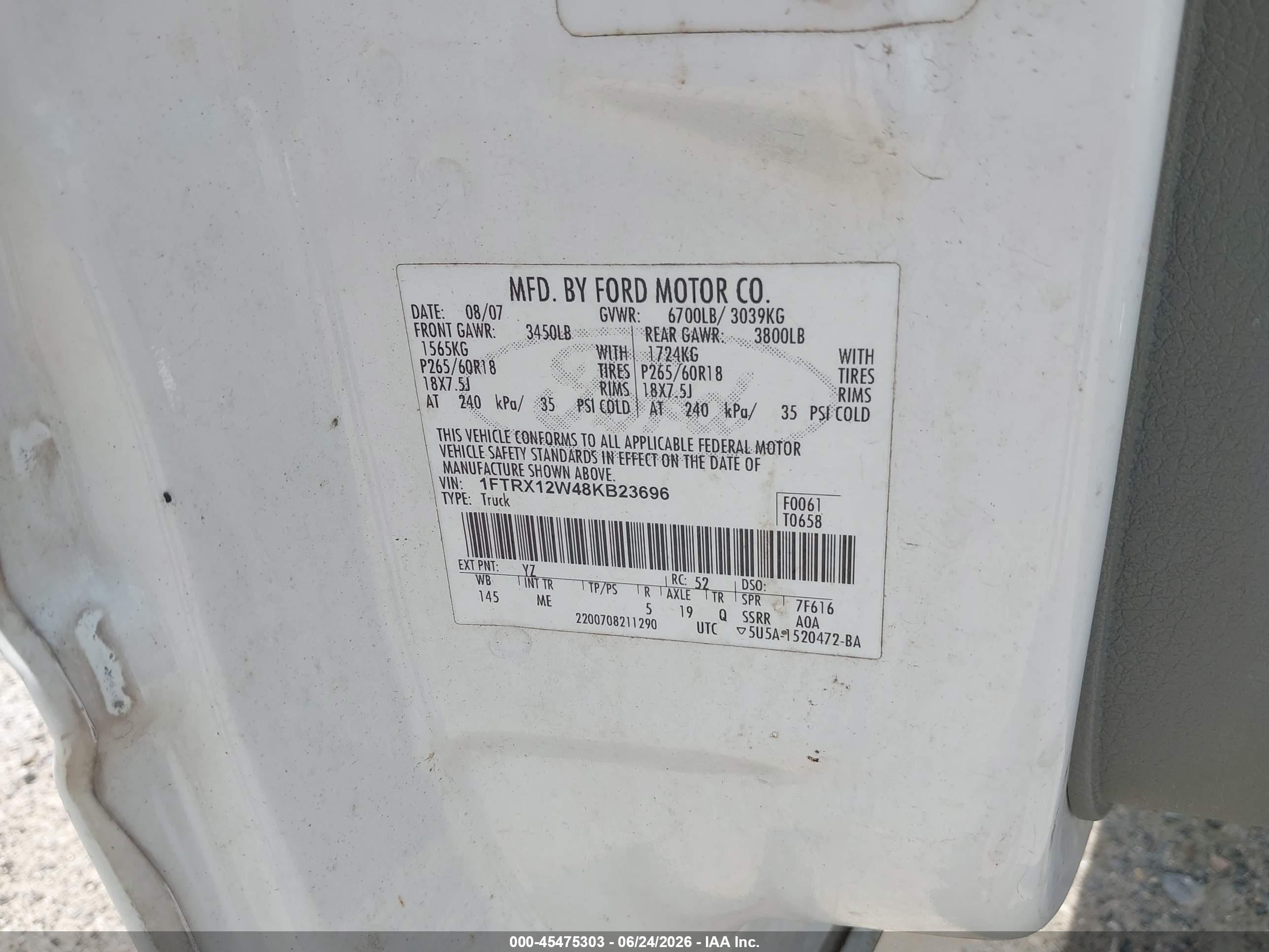 2008 Ford F-150 Fx2/stx/xl/xlt White vin: 1FTRX12W48KB23696
