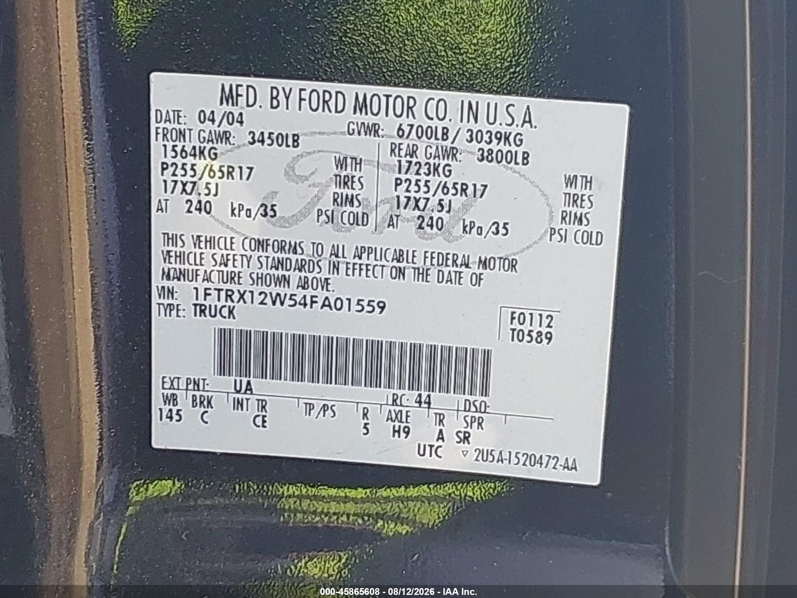 2004 Ford F-150 Stx/xl/xlt Черный vin: 1FTRX12W54FA01559
