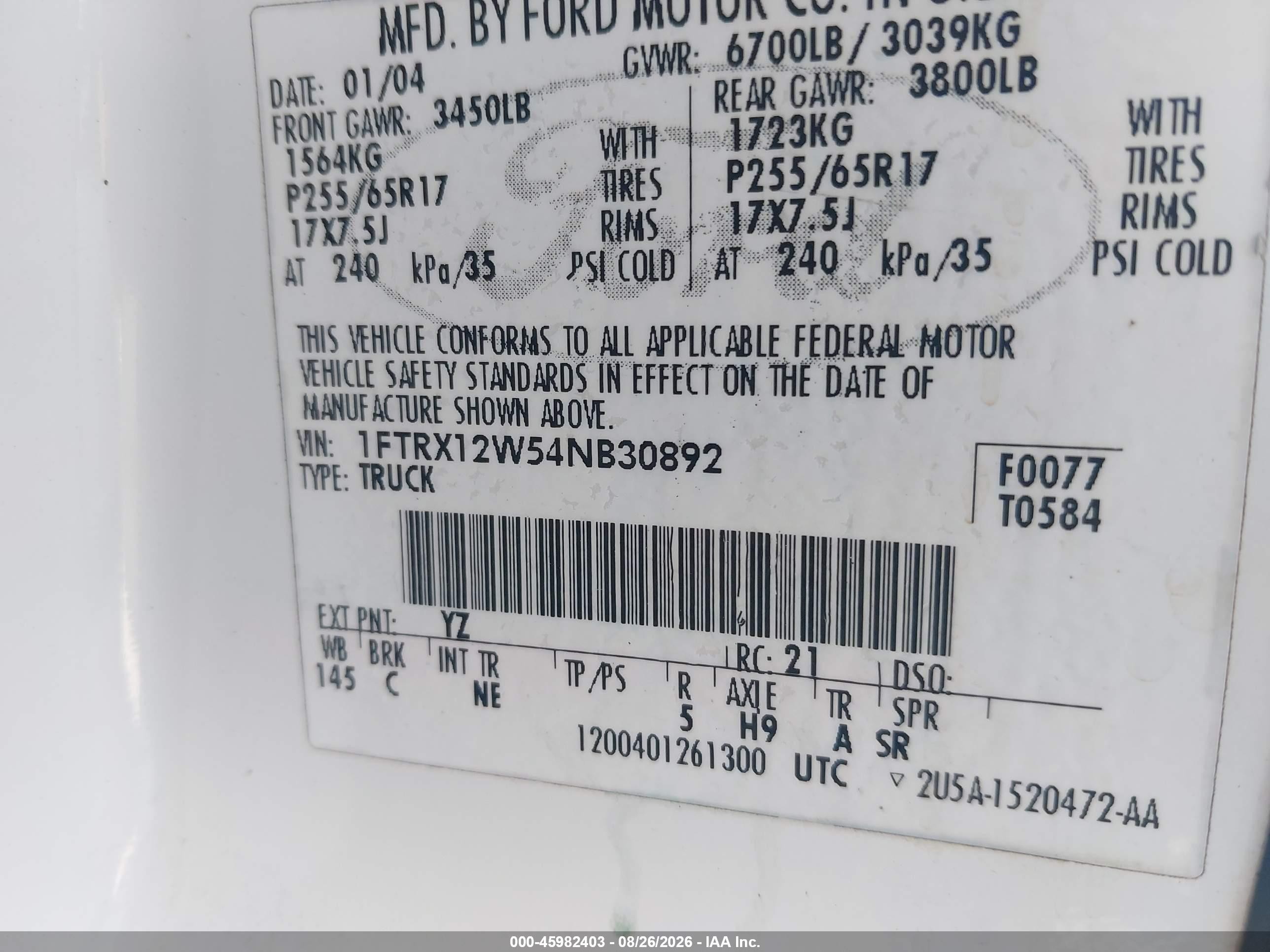 2004 Ford F-150 Stx/xl/xlt Белый vin: 1FTRX12W54NB30892
