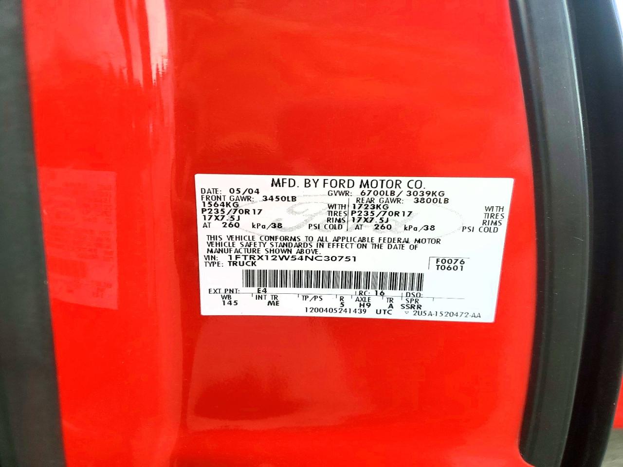 2004 Ford F150 Red vin: 1FTRX12W54NC30751