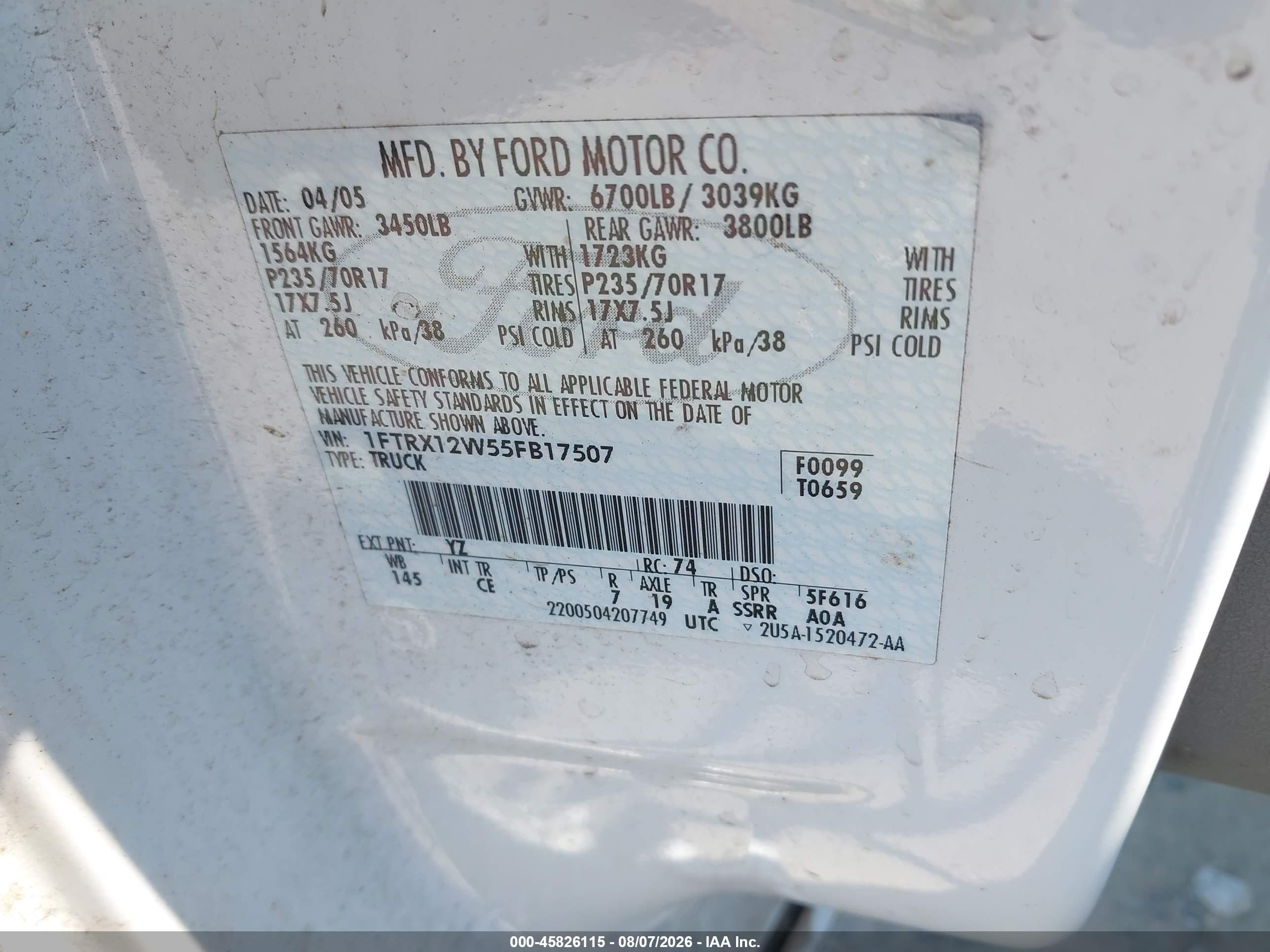 2005 Ford F-150 Stx/xl/xlt Белый vin: 1FTRX12W55FB17507
