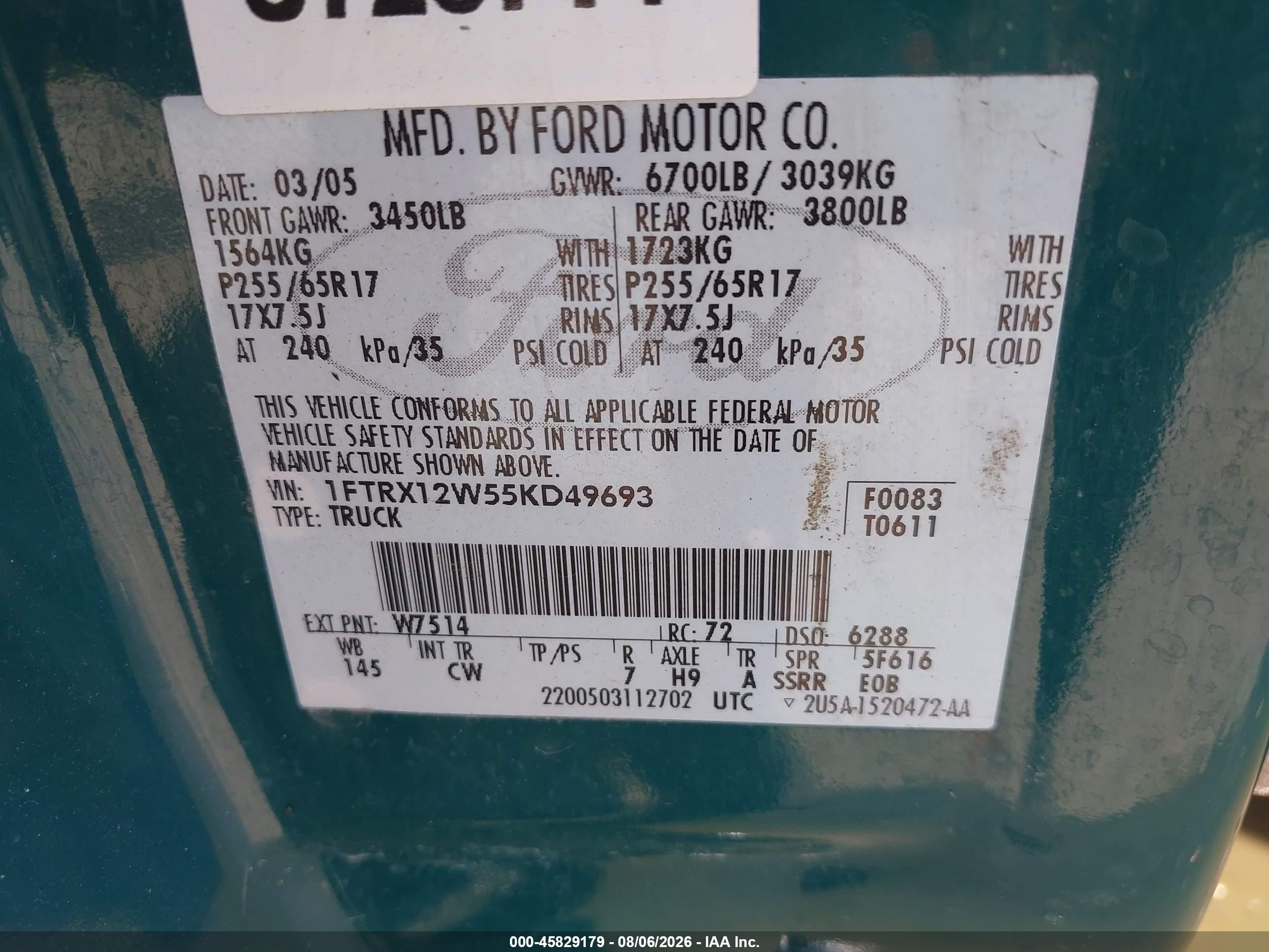 2005 Ford F-150 Stx/xl/xlt Green vin: 1FTRX12W55KD49693