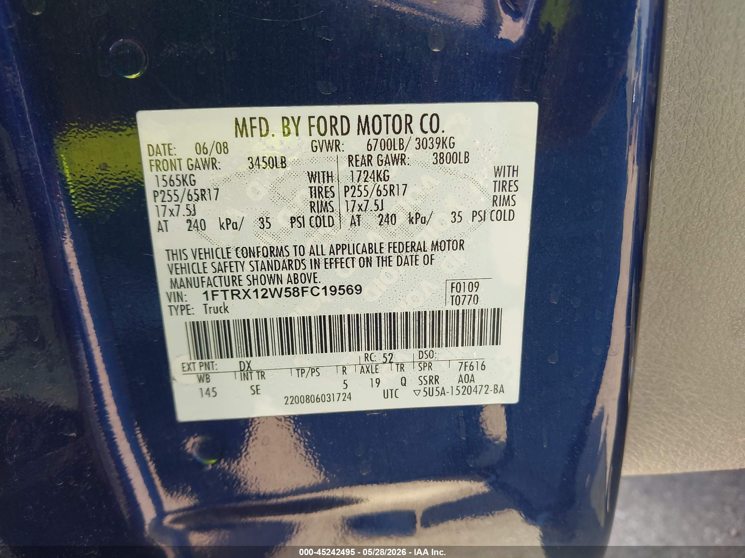 2008 Ford F-150 Fx2/stx/xl/xlt Blue vin: 1FTRX12W58FC19569