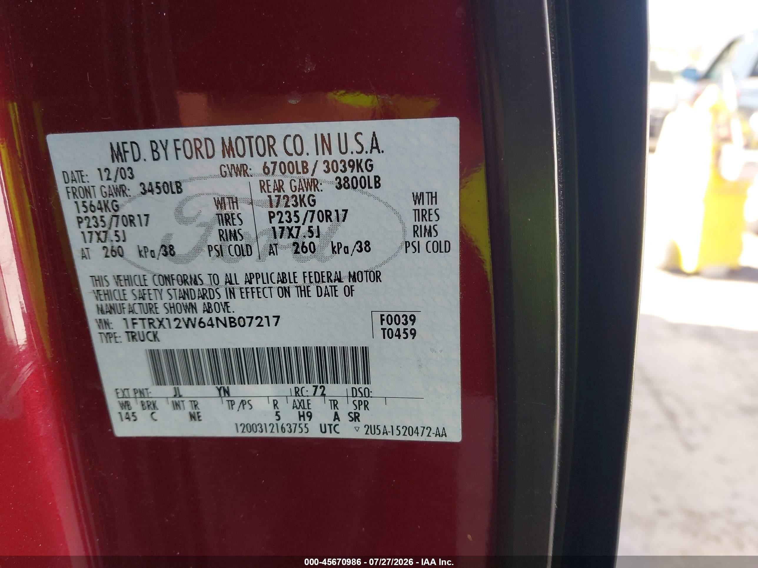 2004 Ford F-150 Stx/xl/xlt Burgundy vin: 1FTRX12W64NB07217
