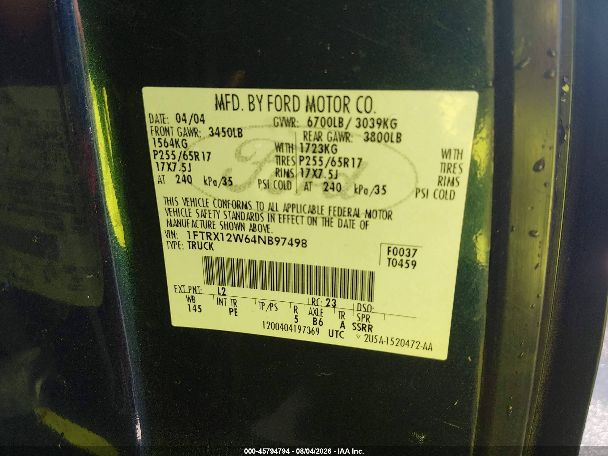2004 Ford F-150 Stx/xl/xlt Blue vin: 1FTRX12W64NB97498