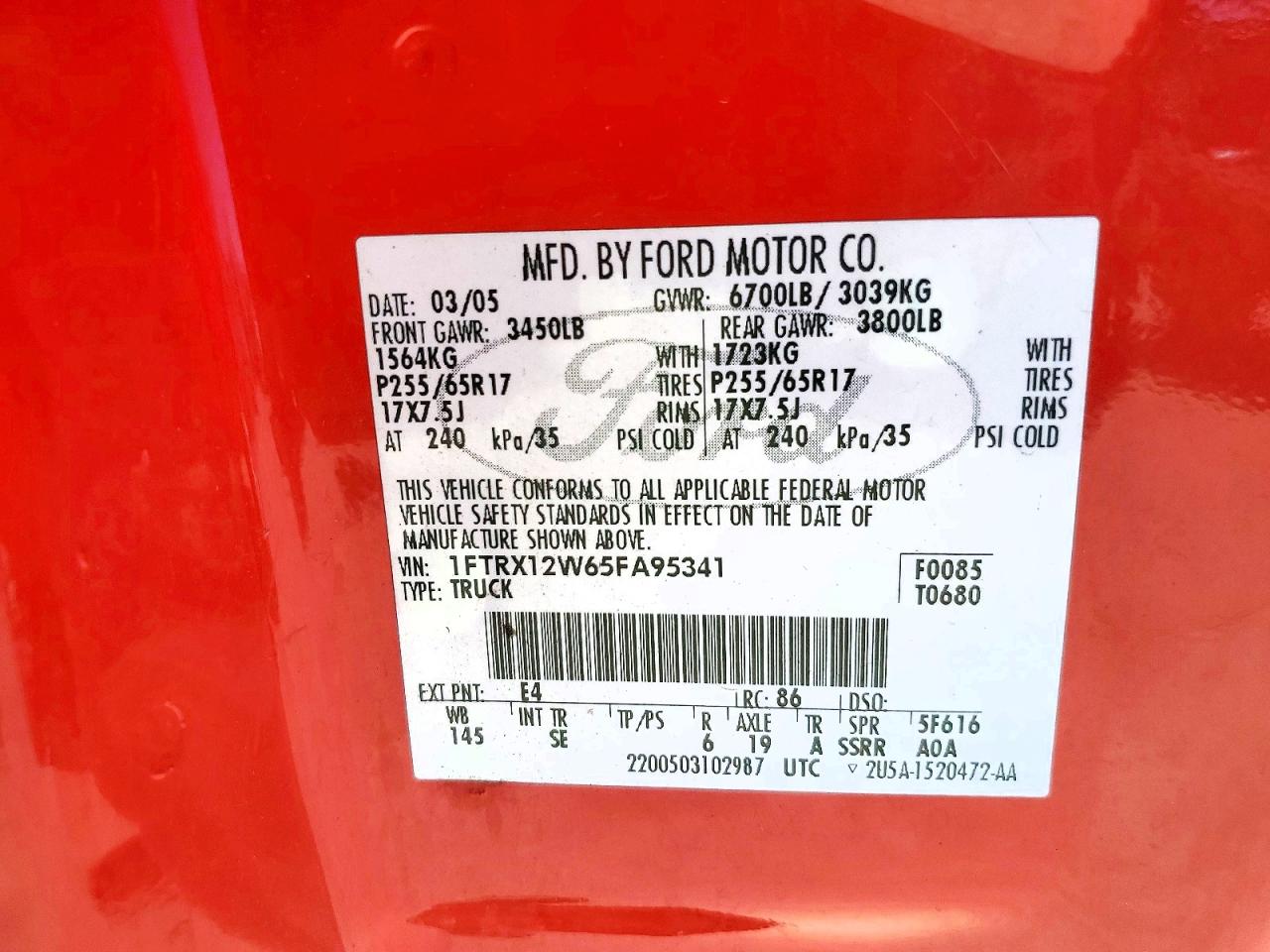 2005 Ford F150 Red vin: 1FTRX12W65FA95341