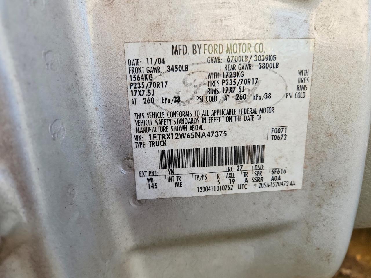 2005 Ford F150 Silver vin: 1FTRX12W65NA47375