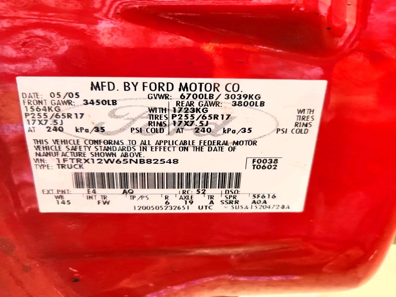 2005 Ford F150 Red vin: 1FTRX12W65NB82548