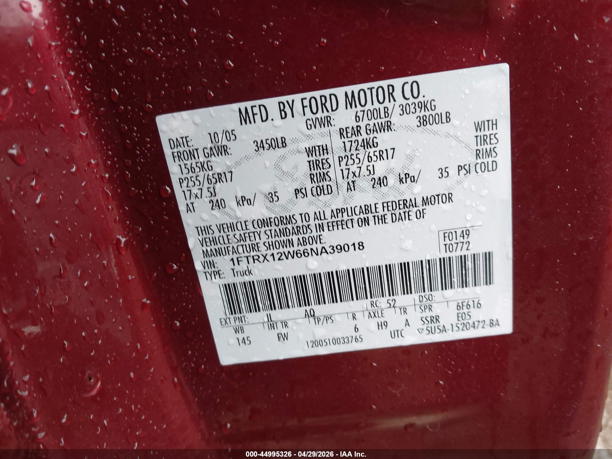 2006 Ford F-150 Stx/xl/xlt Burgundy vin: 1FTRX12W66NA39018