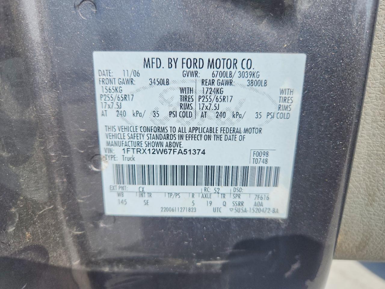 2007 Ford F150 Gray vin: 1FTRX12W67FA51374