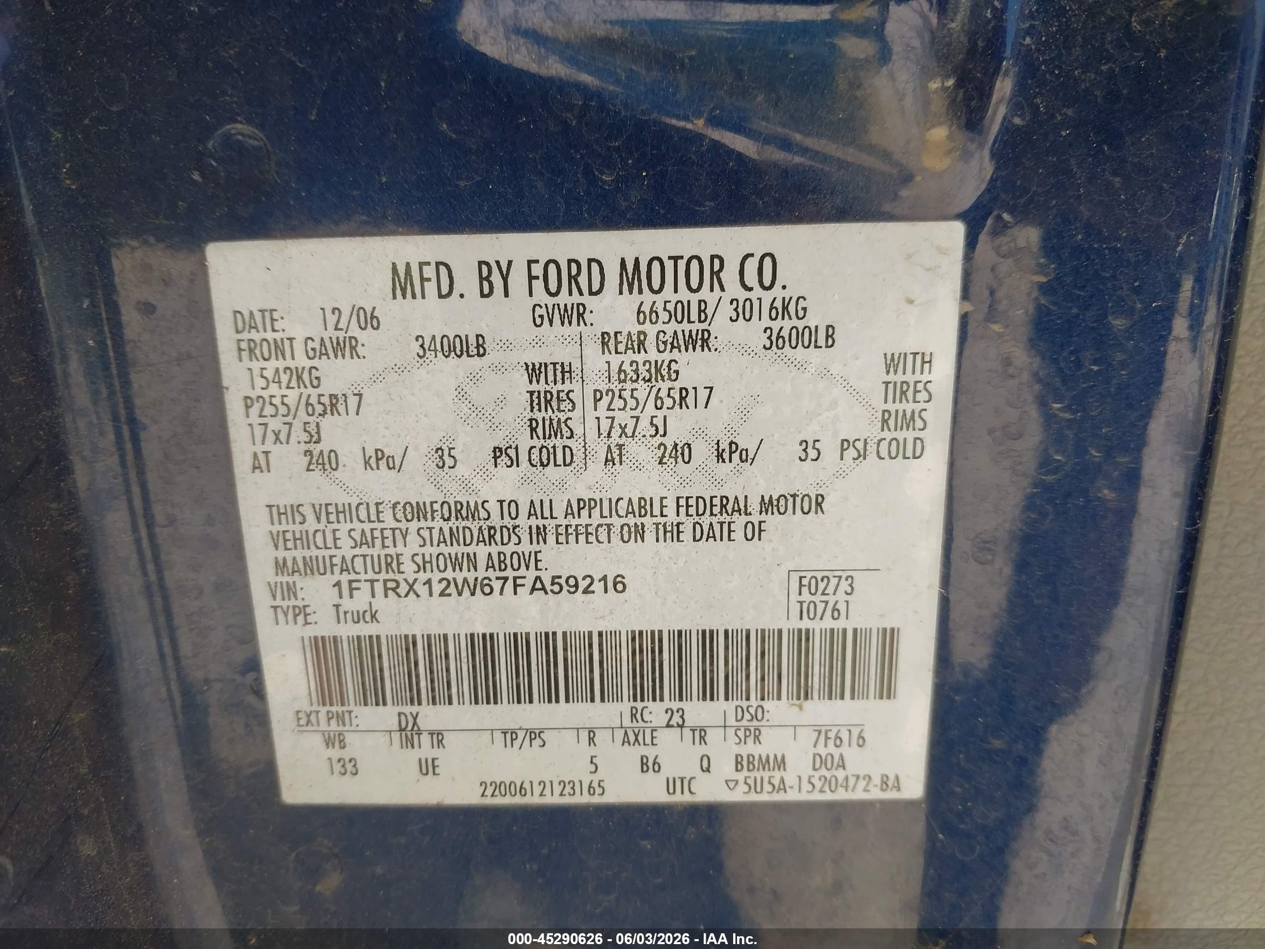 2007 Ford F-150 Stx/xl/xlt Blue vin: 1FTRX12W67FA59216