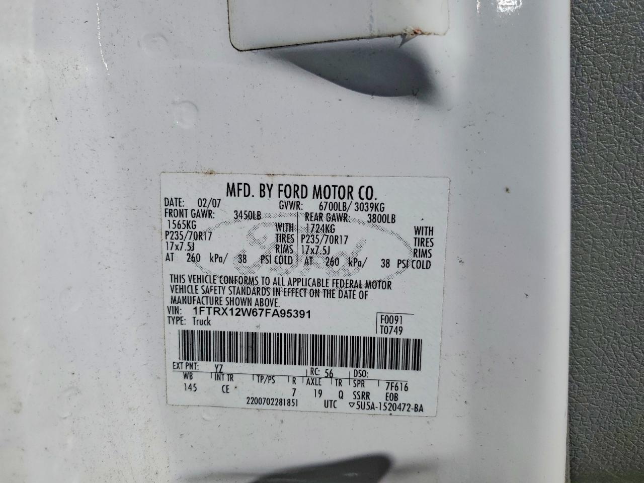 2007 Ford F150 White vin: 1FTRX12W67FA95391