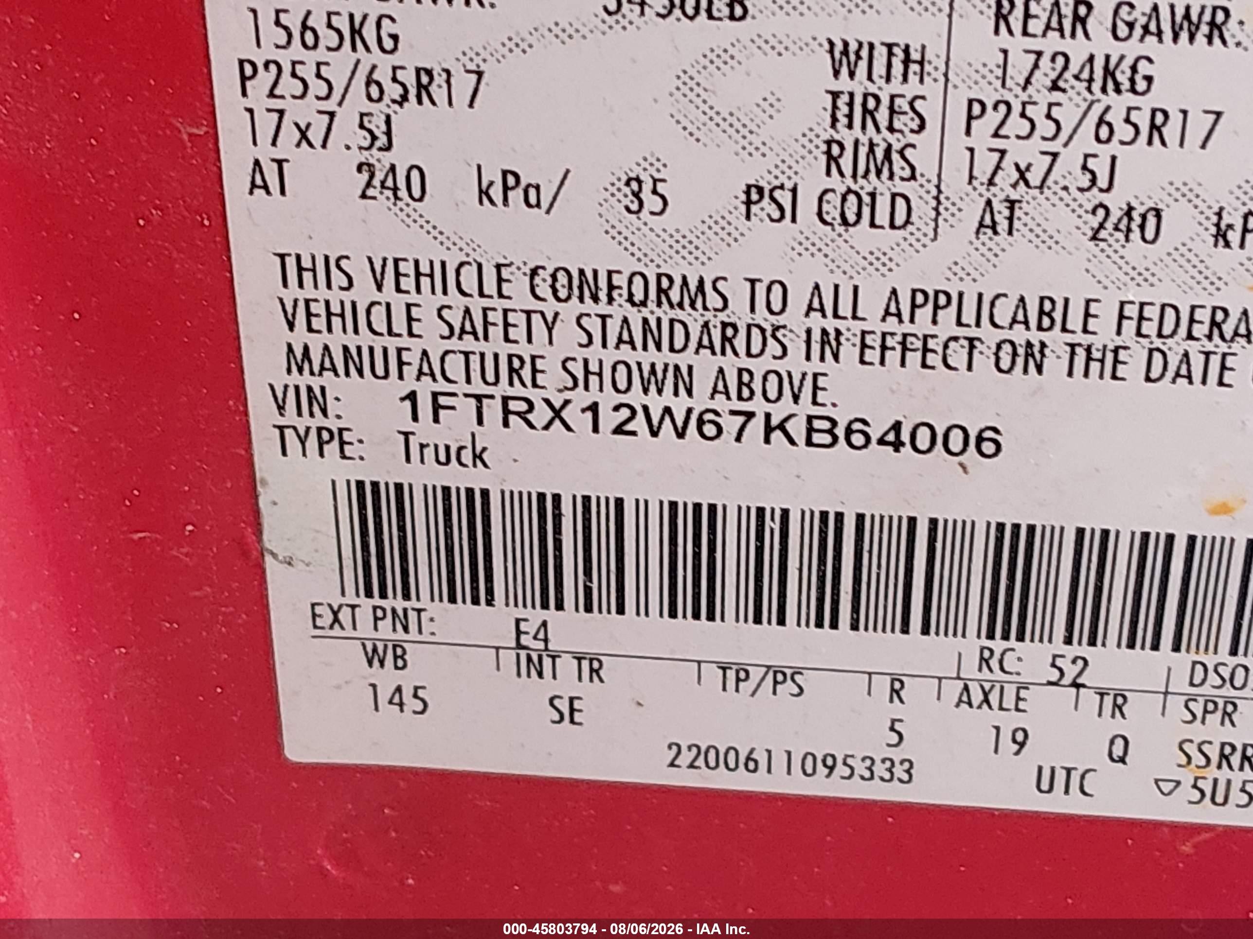 2007 Ford F-150 Stx/xl/xlt Red vin: 1FTRX12W67KB64006
