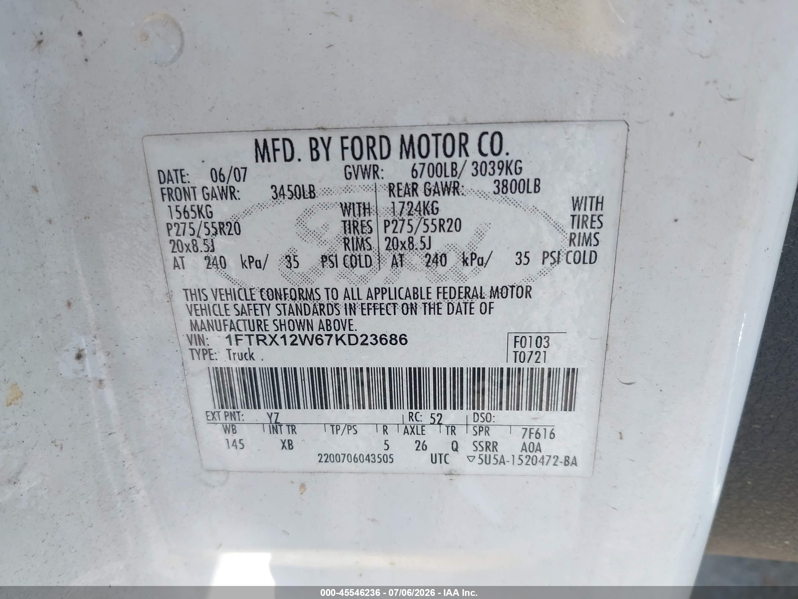 2007 Ford F-150 Stx/xl/xlt White vin: 1FTRX12W67KD23686