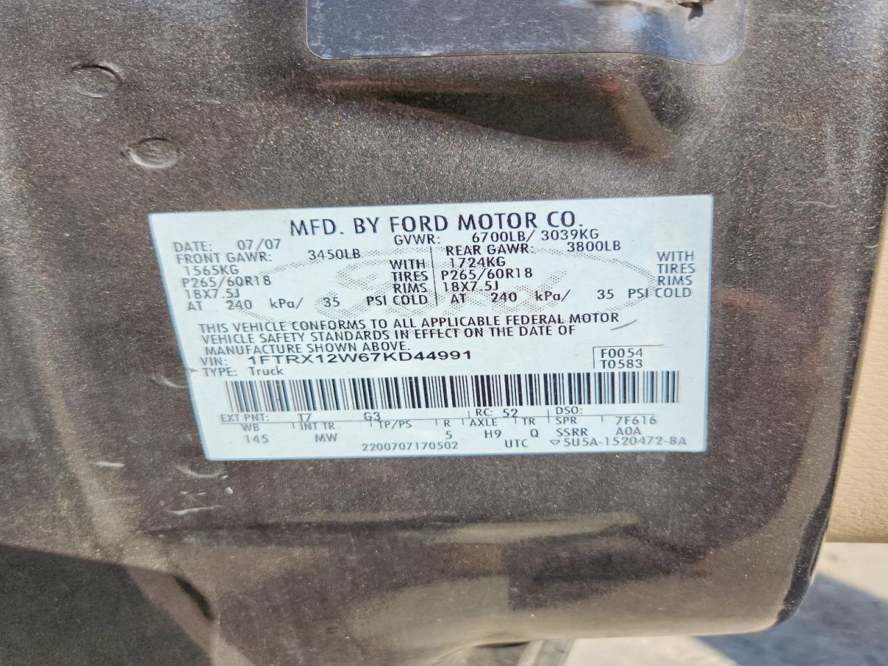 2007 Ford F150 Charcoal vin: 1FTRX12W67KD44991