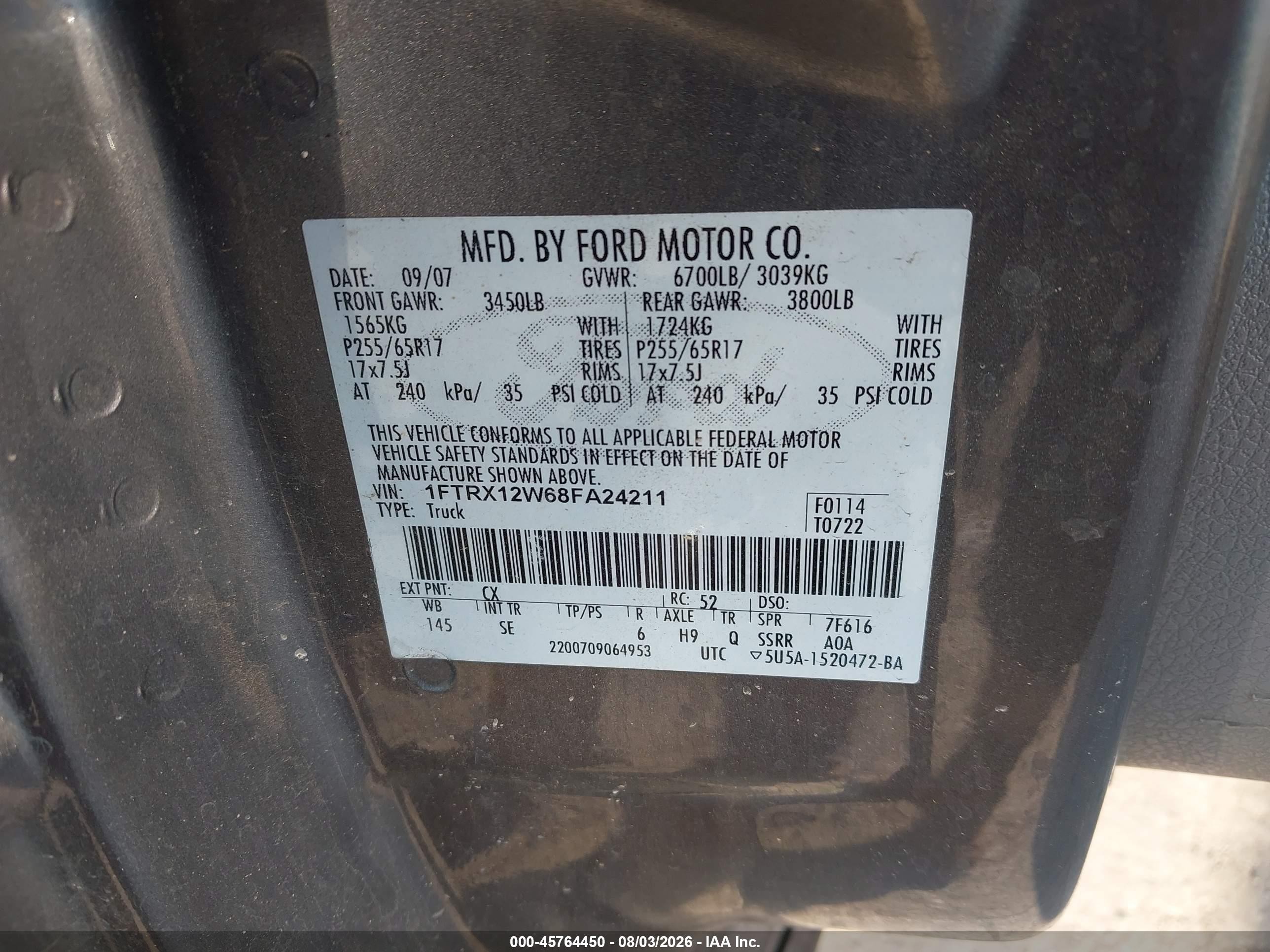 2008 Ford F-150 60th Anniversary/fx2/stx/xl/xlt Gray vin: 1FTRX12W68FA24211