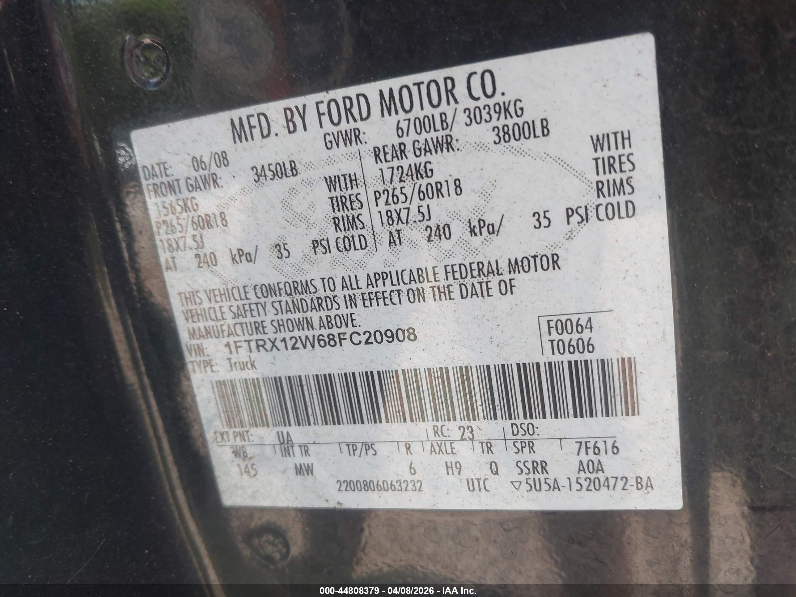 2008 Ford F-150 Fx2/stx/xl/xlt Black vin: 1FTRX12W68FC20908