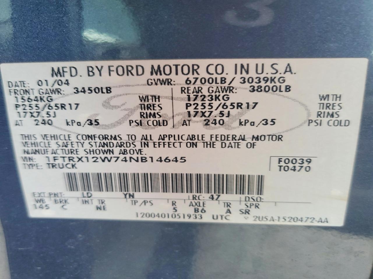 2004 Ford F150 Blue vin: 1FTRX12W74NB14645