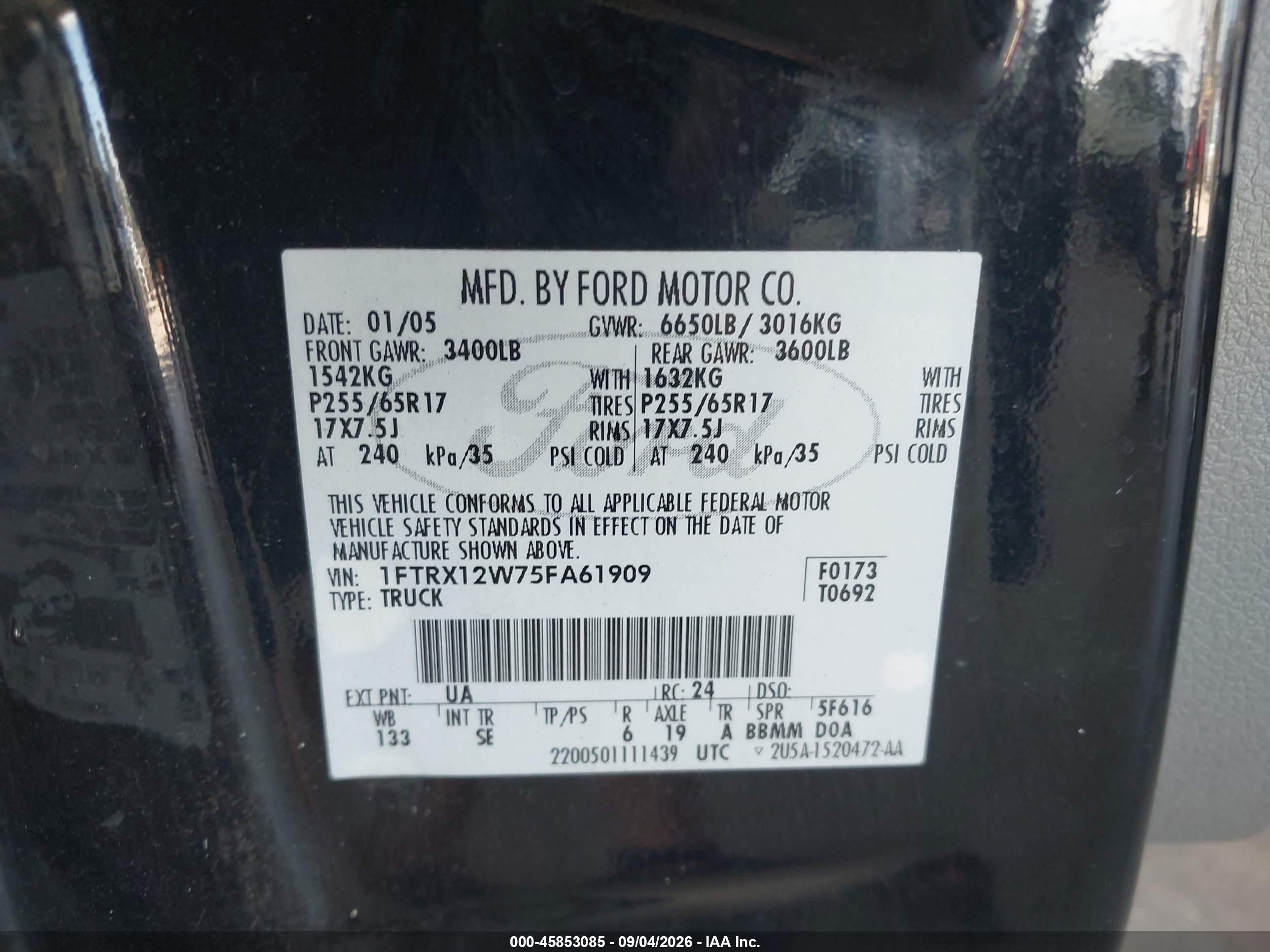 2005 Ford F-150 Stx/xl/xlt Black vin: 1FTRX12W75FA61909