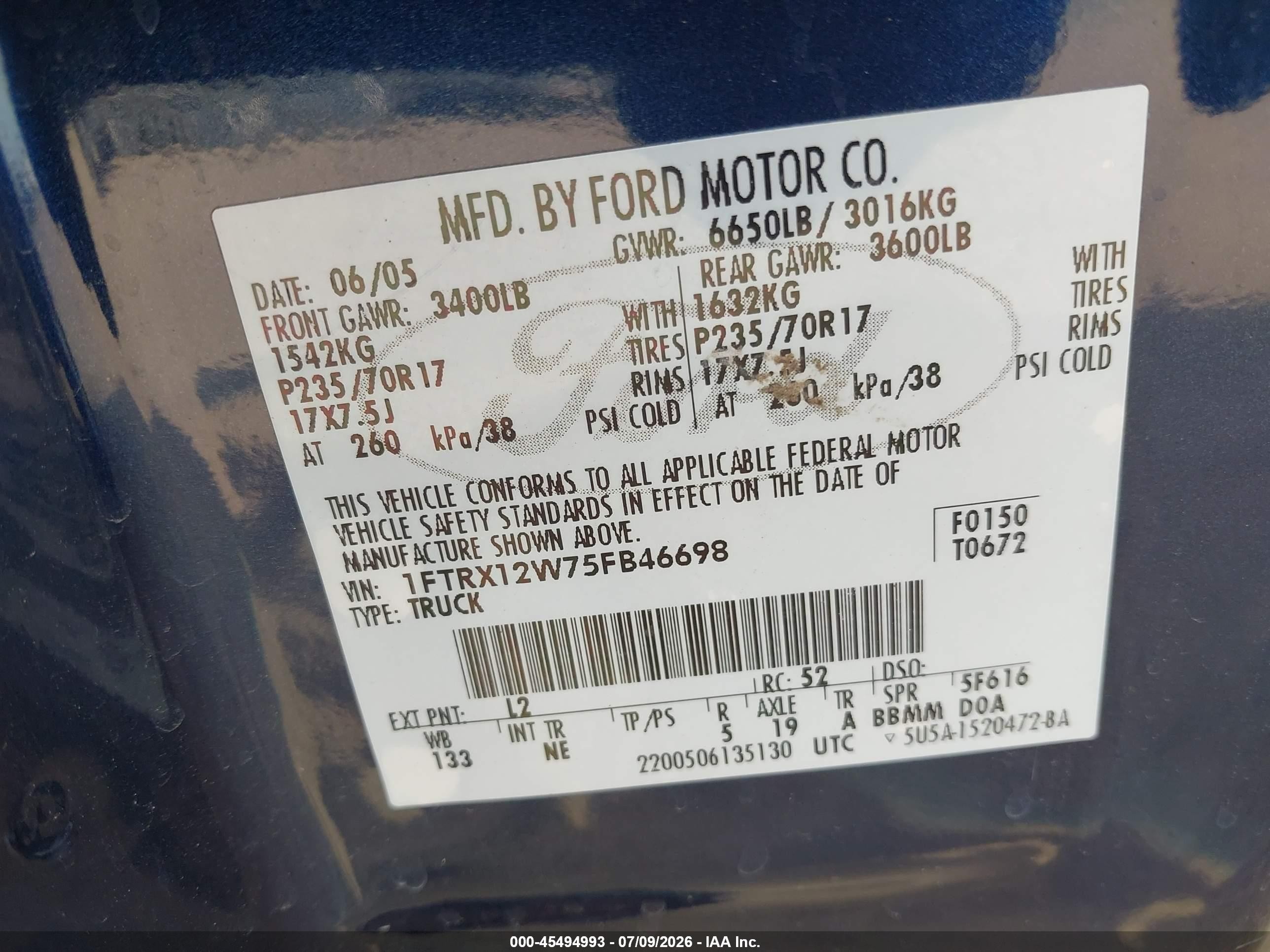 2005 Ford F-150 Stx/xl/xlt Blue vin: 1FTRX12W75FB46698