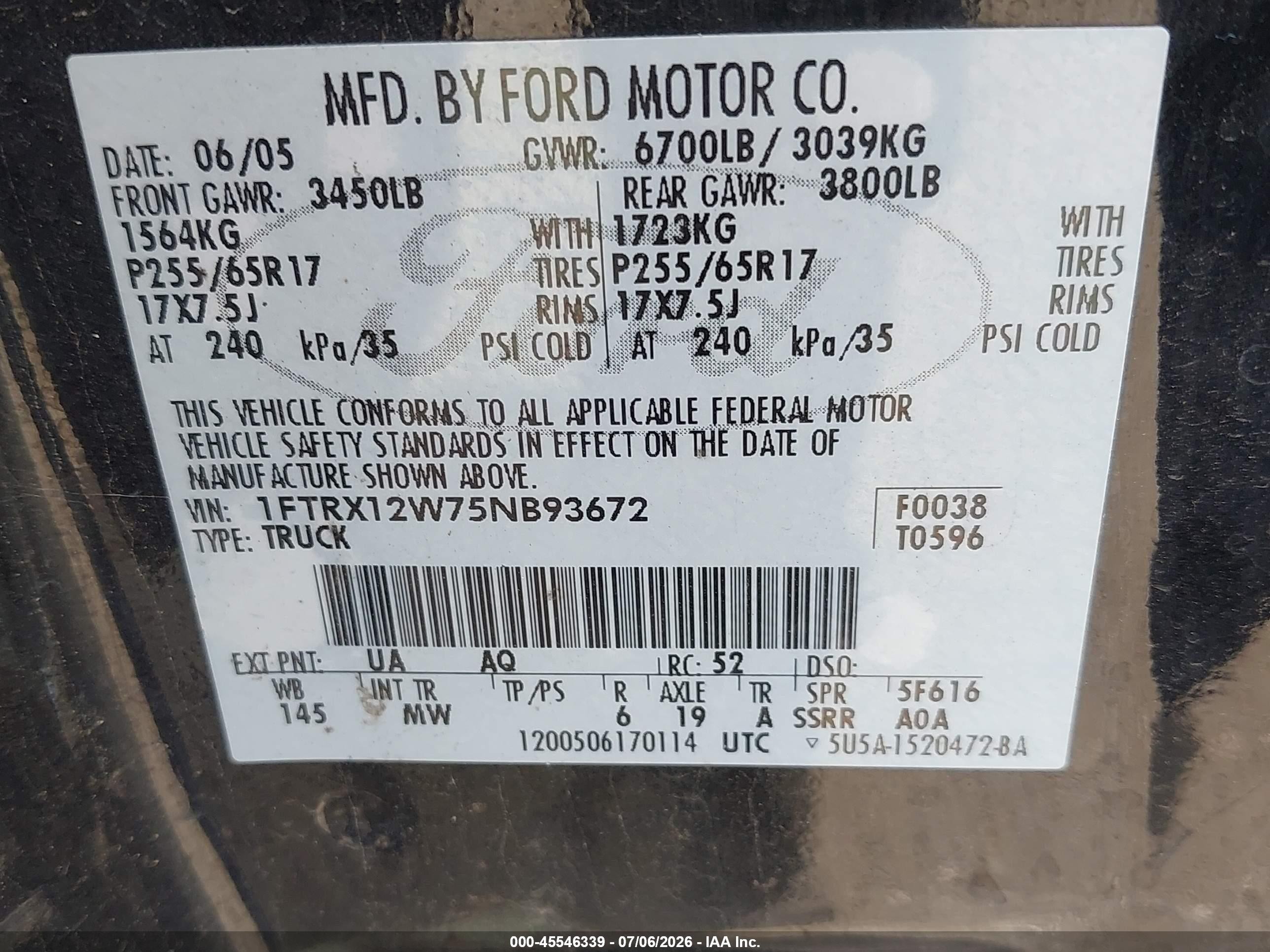 2005 Ford F-150 Stx/xl/xlt Black vin: 1FTRX12W75NB93672