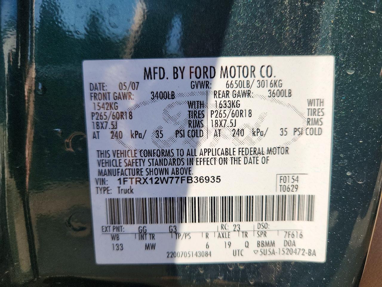 2007 Ford F150 Green vin: 1FTRX12W77FB36935